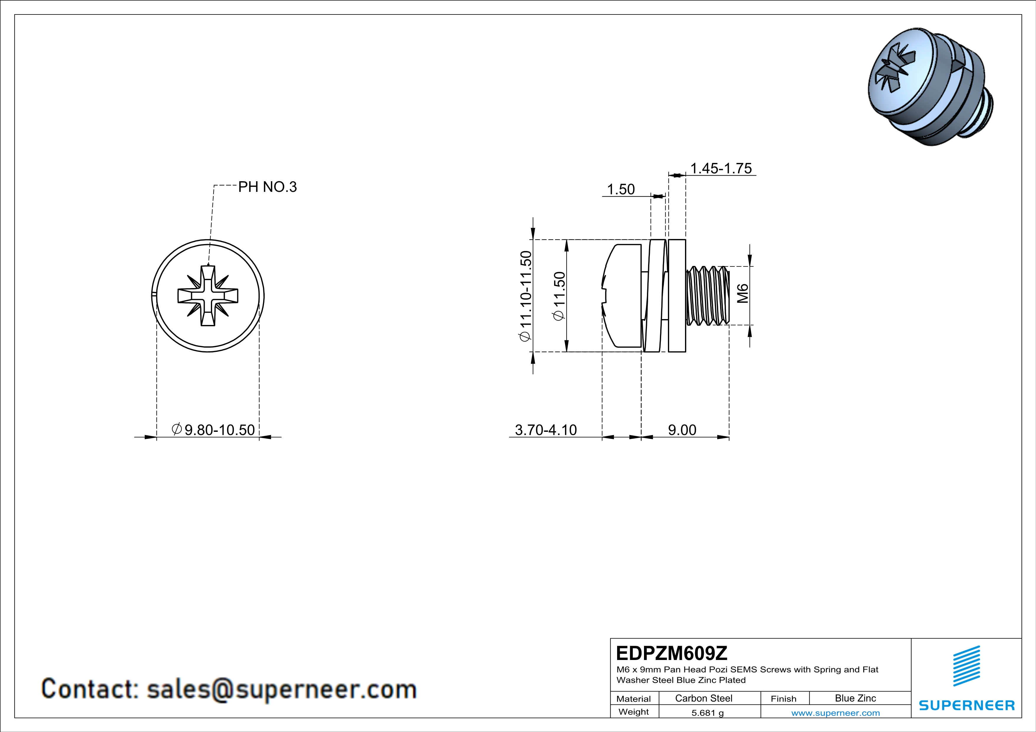 M6 x 9mm Pan Head Pozi SEMS Screws with Spring and Flat Washer Steel Blue Zinc Plated