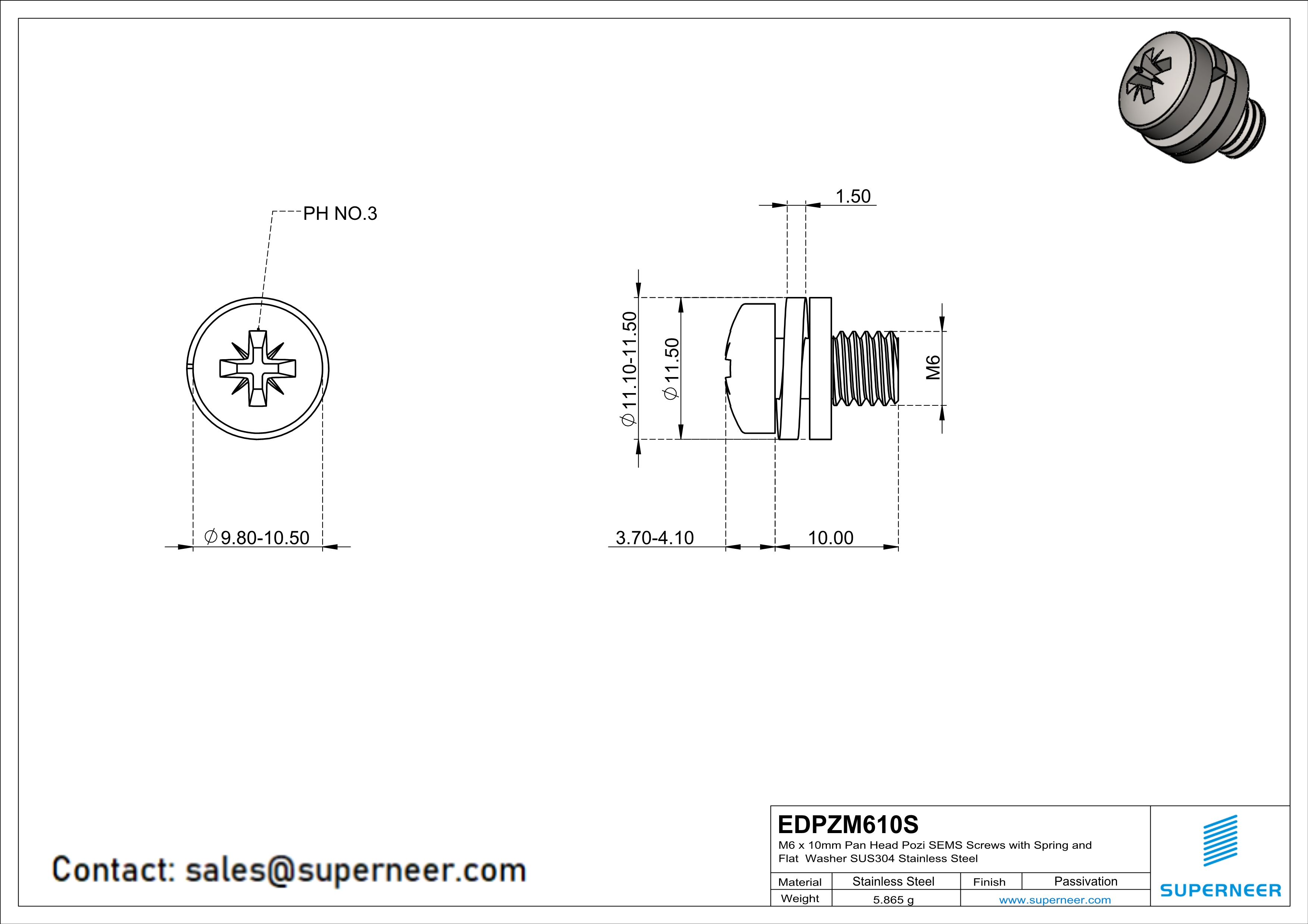 M6 x 10mm Pan Head Pozi SEMS Screws with Spring and Flat Washer SUS304 Stainless Steel Inox