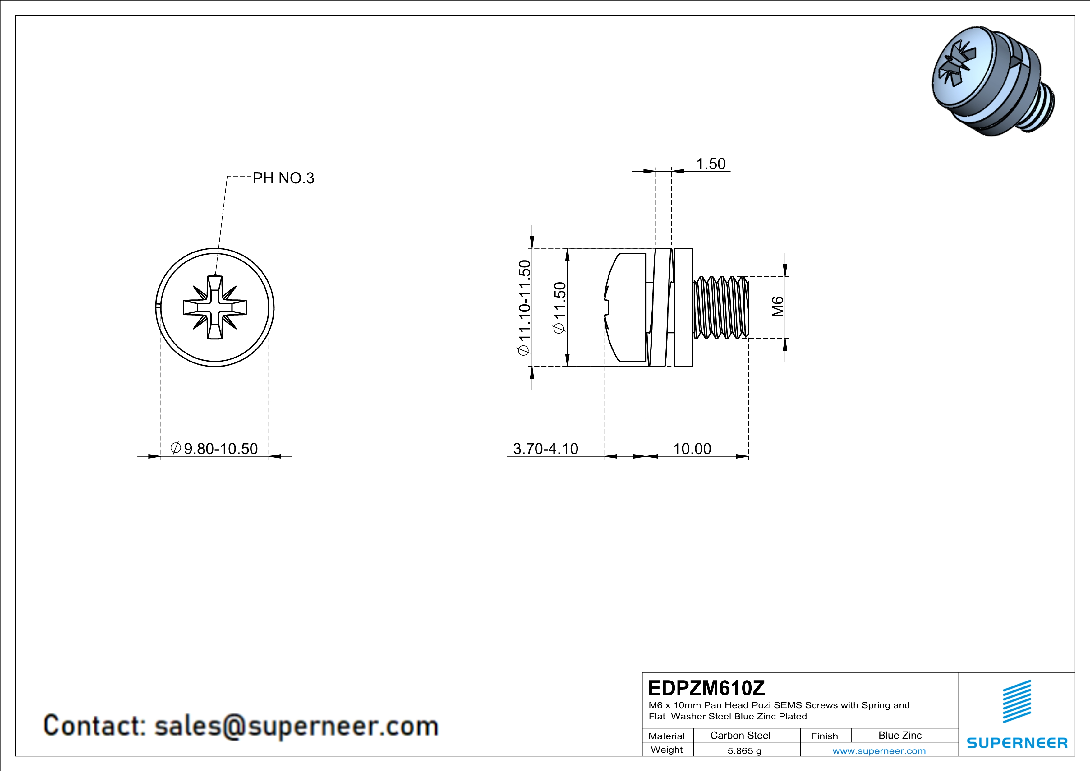 M6 x 10mm Pan Head Pozi SEMS Screws with Spring and Flat Washer Steel Blue Zinc Plated