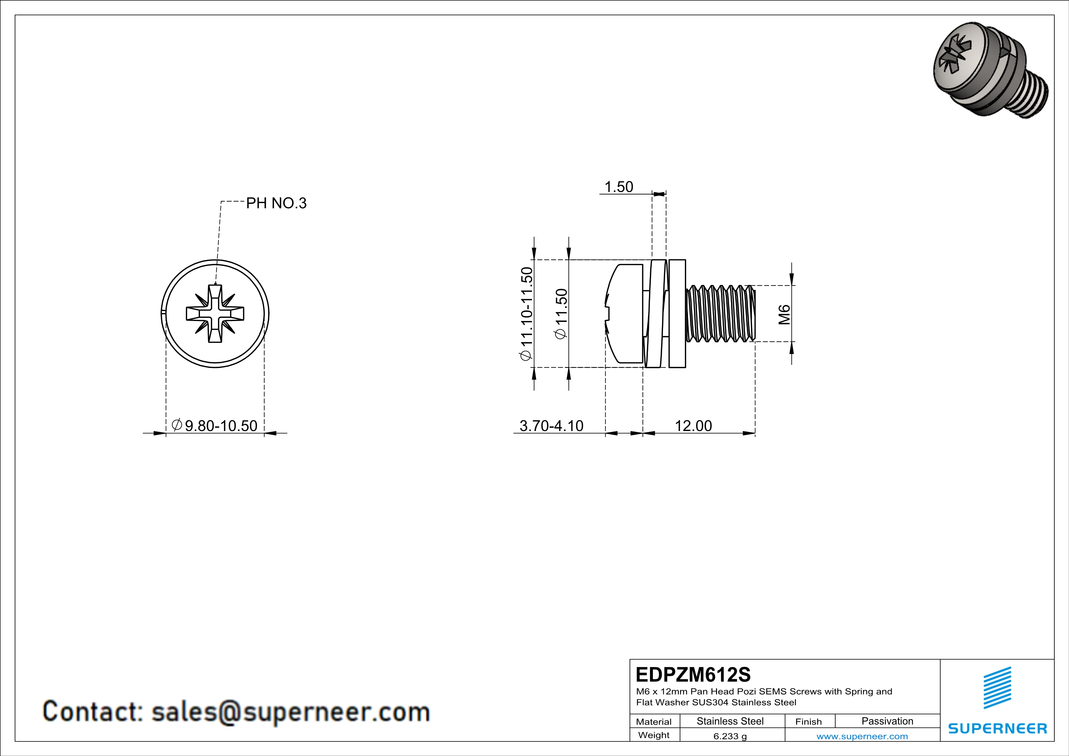 M6 x 12mm Pan Head Pozi SEMS Screws with Spring and Flat Washer SUS304 Stainless Steel Inox