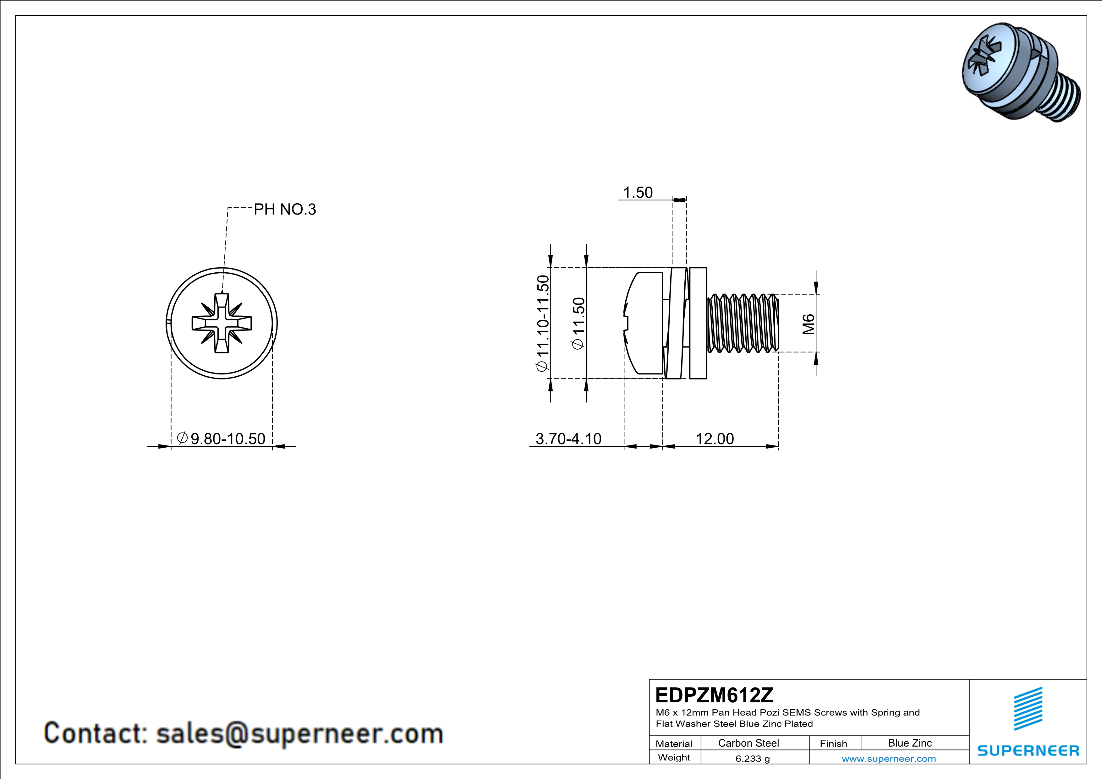 M6 x 12mm Pan Head Pozi SEMS Screws with Spring and Flat Washer Steel Blue Zinc Plated