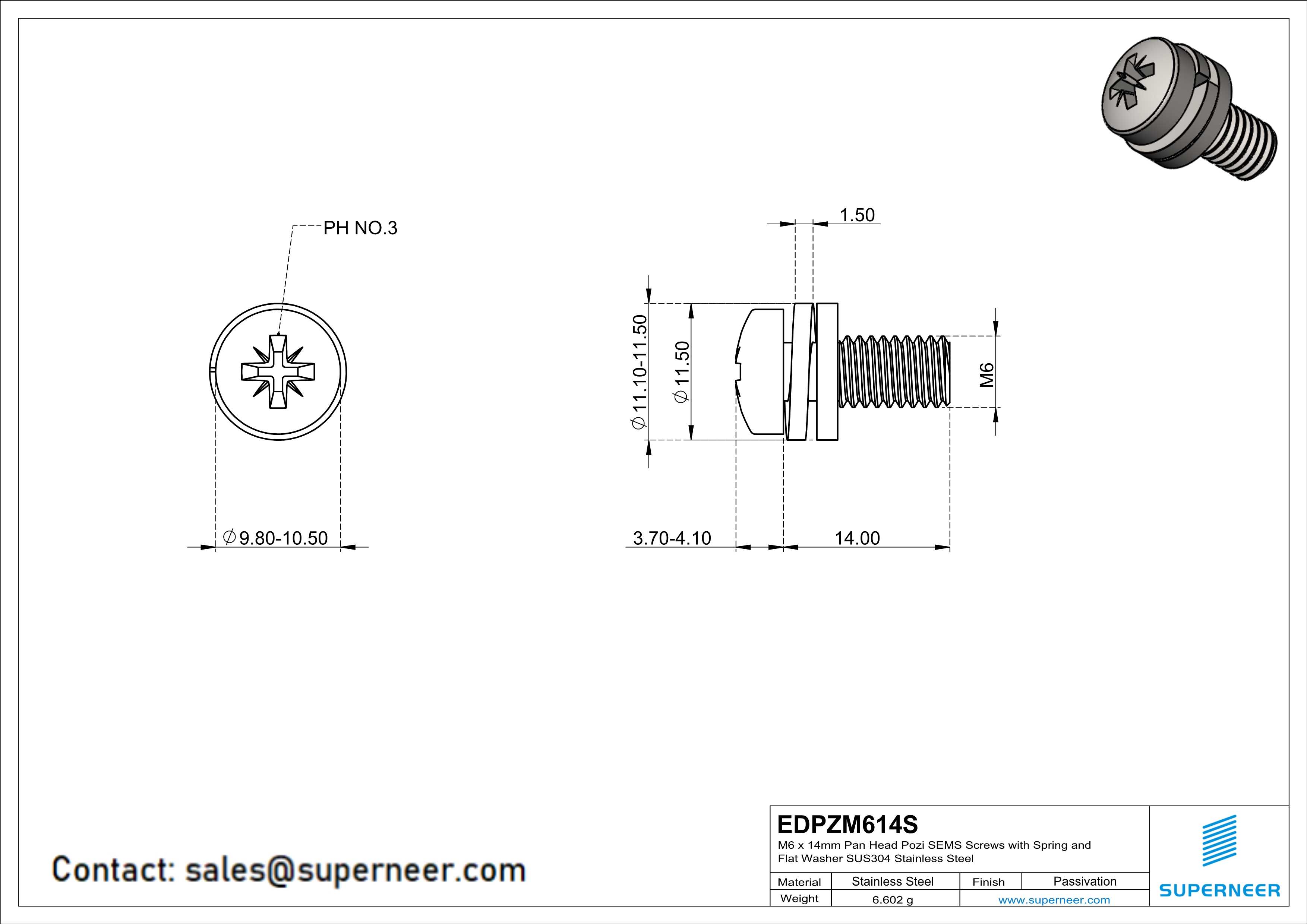 M6 x 14mm Pan Head Pozi SEMS Screws with Spring and Flat Washer SUS304 Stainless Steel Inox