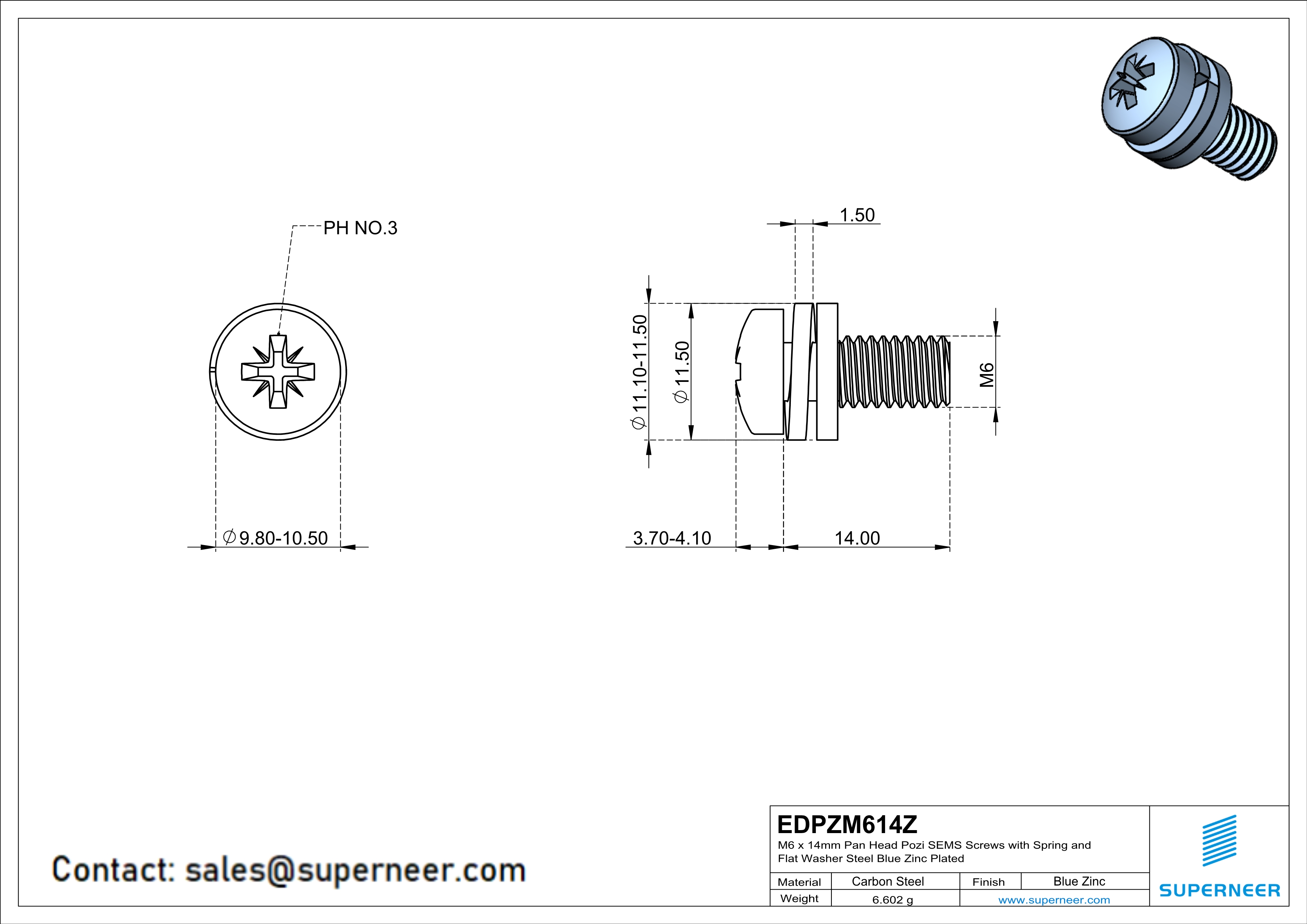 M6 x 14mm Pan Head Pozi SEMS Screws with Spring and Flat Washer Steel Blue Zinc Plated