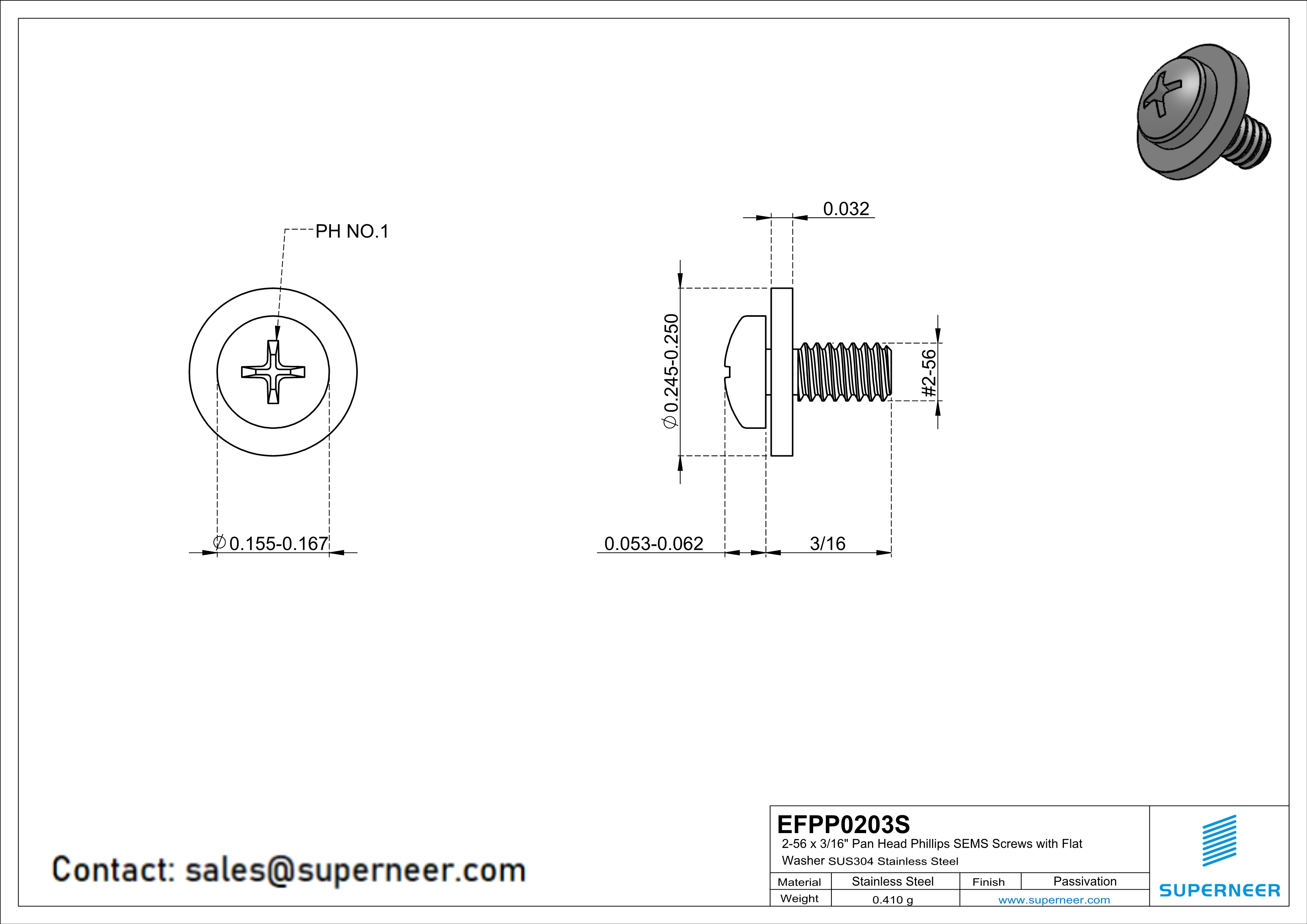 2-56 x 3/16" Pan Head Phillips SEMS Screws with Flat Washer SUS304 Stainless Steel Inox