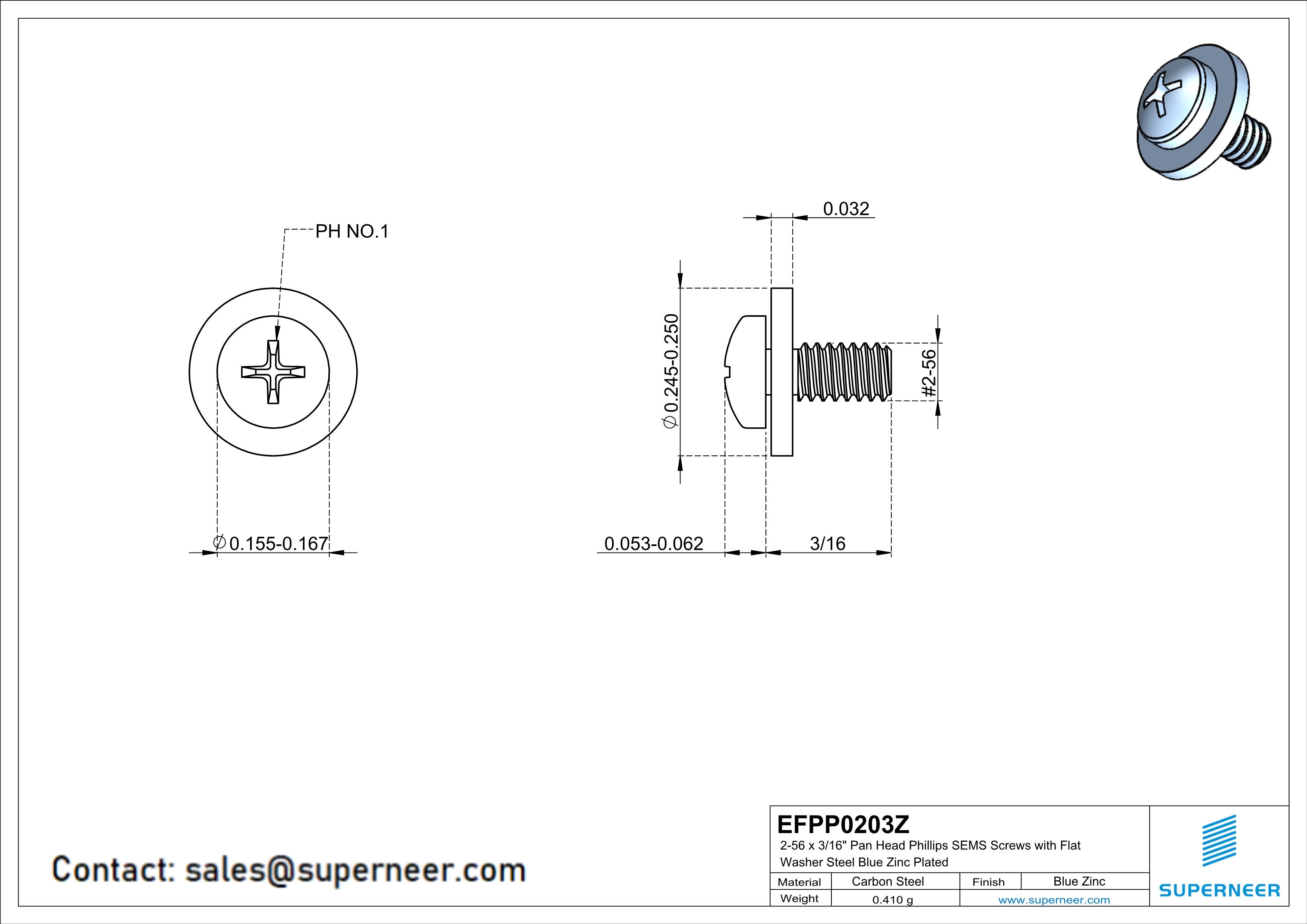 2-56 x 3/16" Pan Head Phillips SEMS Screws with Flat Washer Steel Blue Zinc Plated