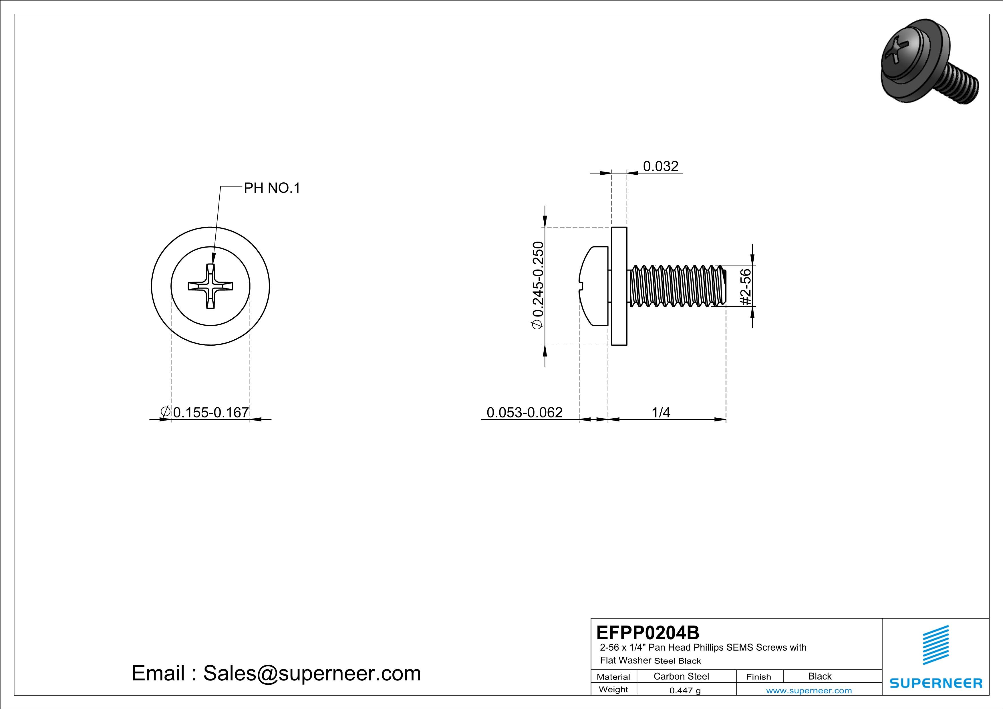 2-56 x 1/4" Pan Head Phillips SEMS Screws with Flat Washer Steel Black