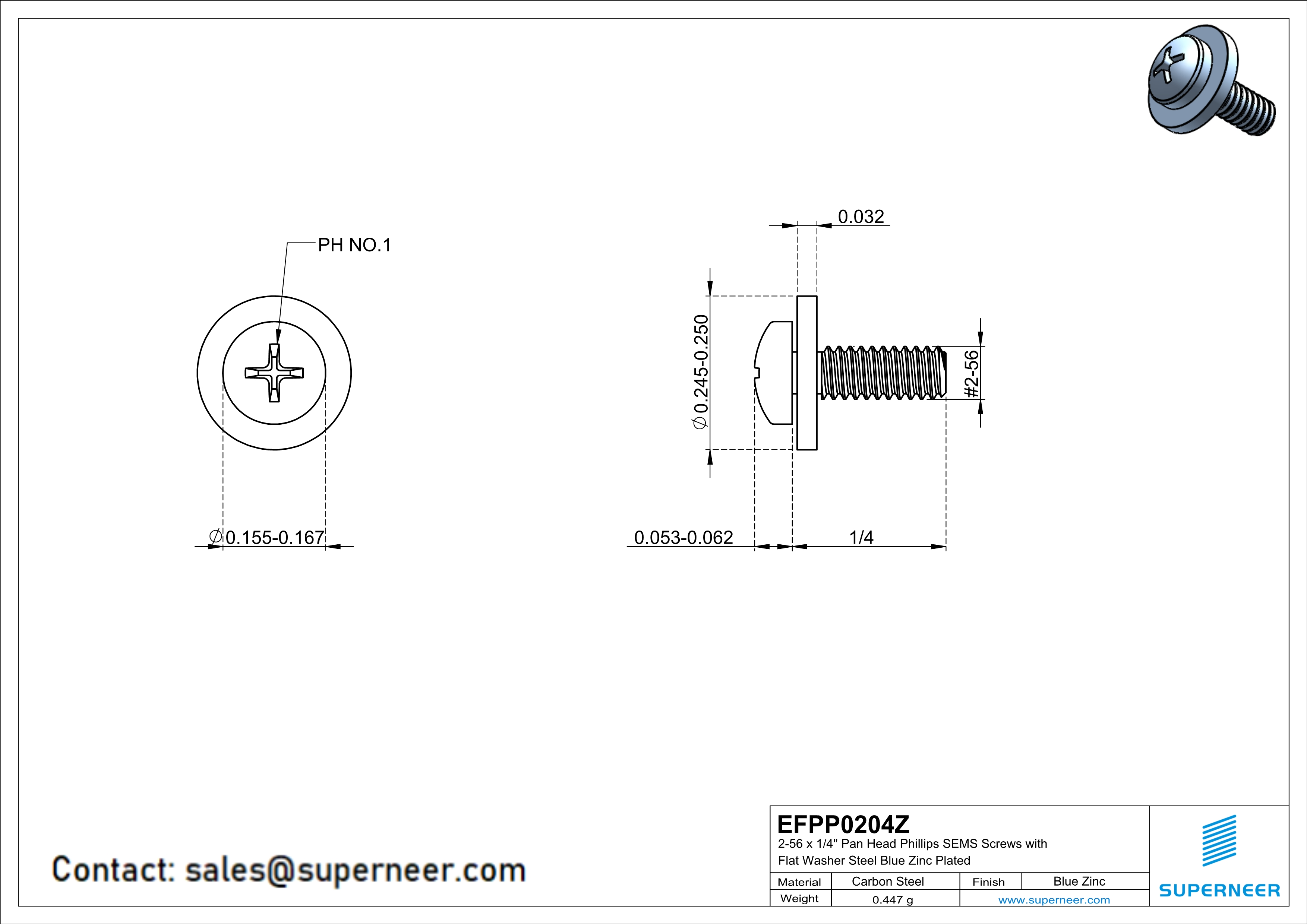 2-56 x 1/4" Pan Head Phillips SEMS Screws with Flat Washer Steel Blue Zinc Plated