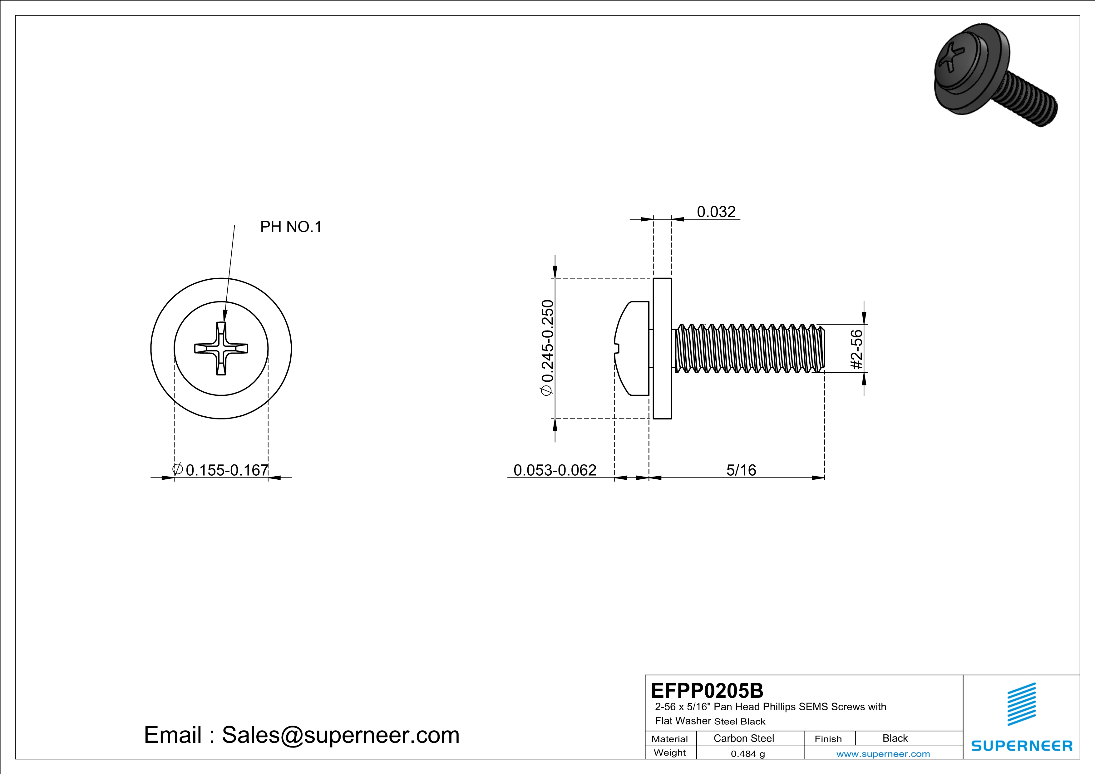 2-56 x 5/16" Pan Head Phillips SEMS Screws with Flat Washer Steel Black