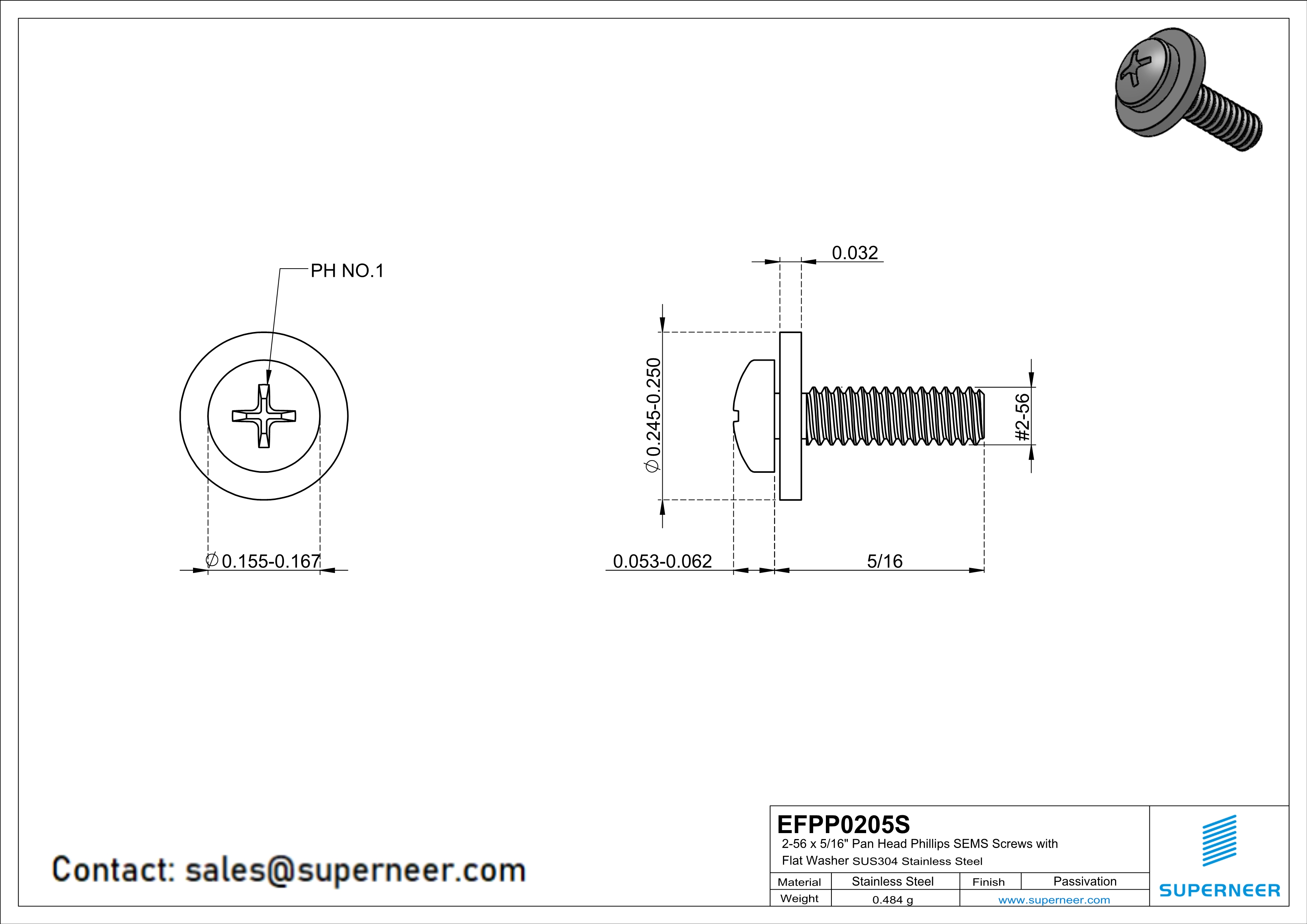 2-56 x 5/16" Pan Head Phillips SEMS Screws with Flat Washer SUS304 Stainless Steel Inox