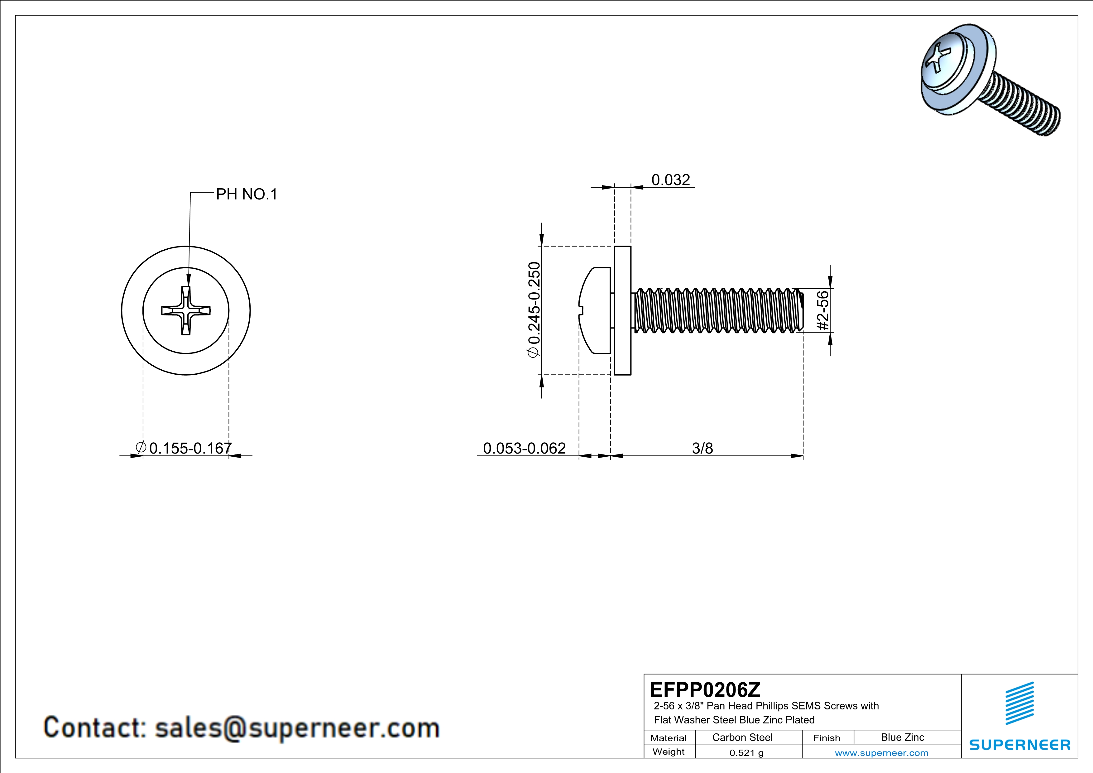 2-56 x 3/8" Pan Head Phillips SEMS Screws with Flat Washer Steel Blue Zinc Plated