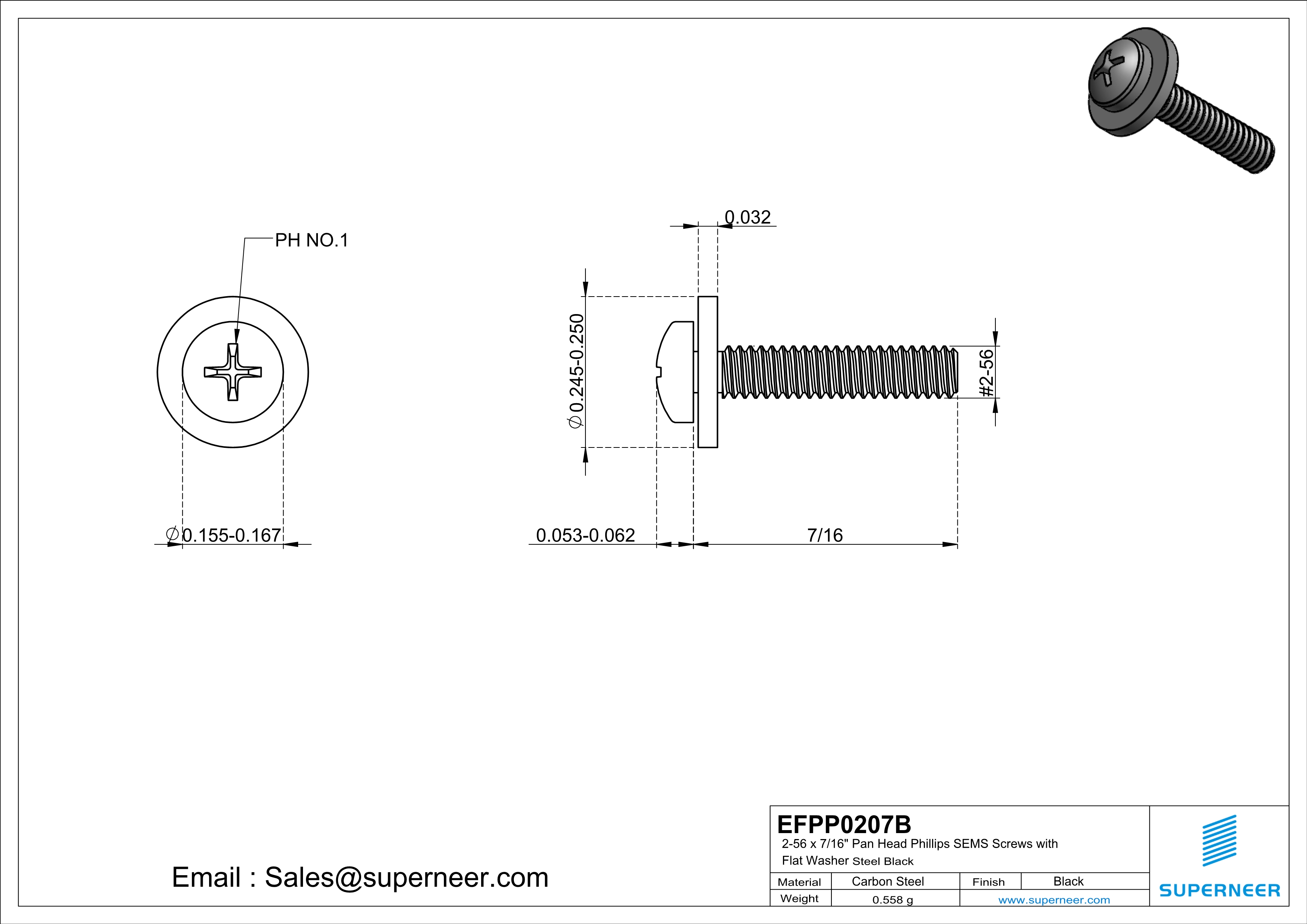 2-56 x 7/16" Pan Head Phillips SEMS Screws with Flat Washer Steel Black