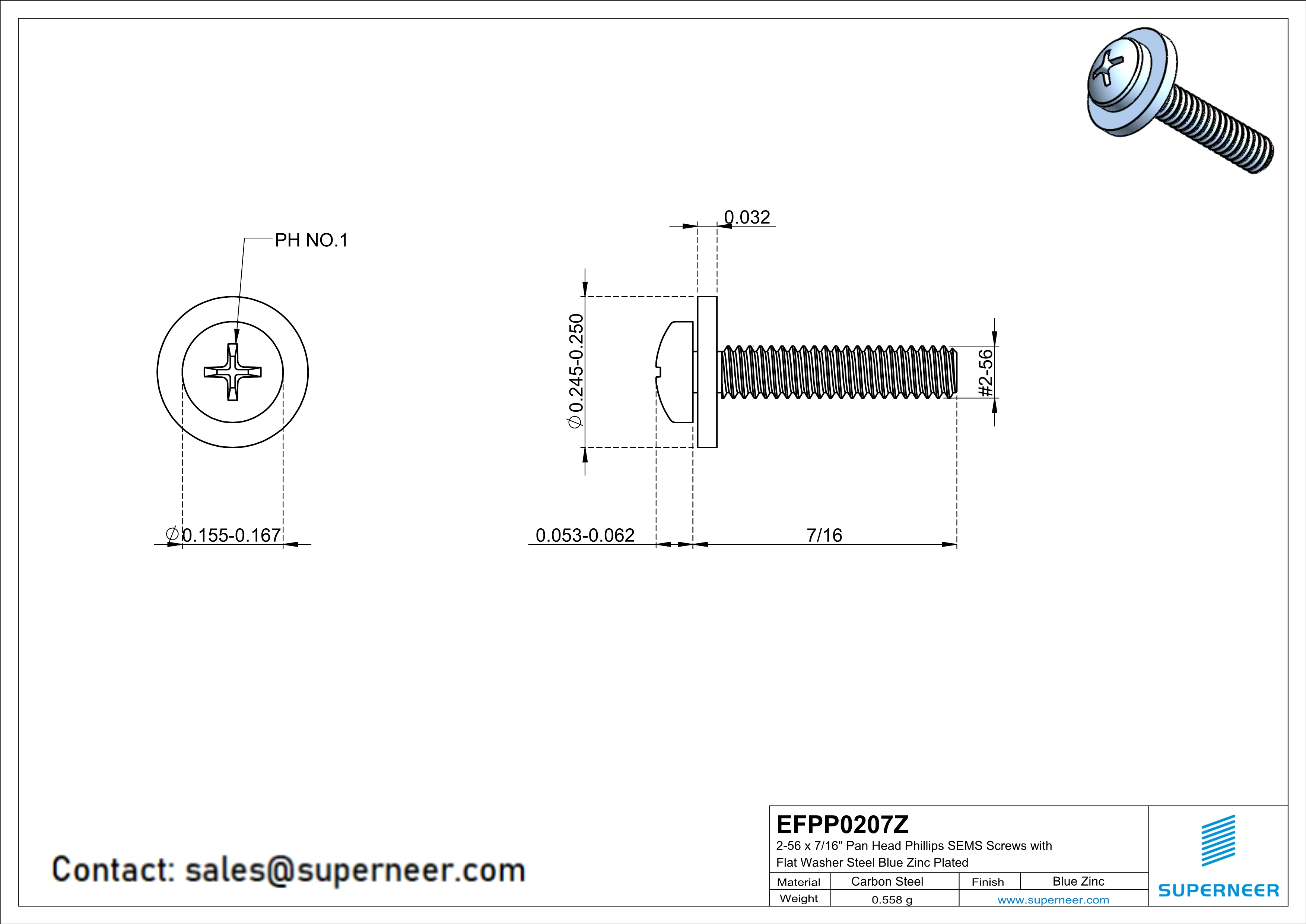 2-56 x 7/16" Pan Head Phillips SEMS Screws with Flat Washer Steel Blue Zinc Plated