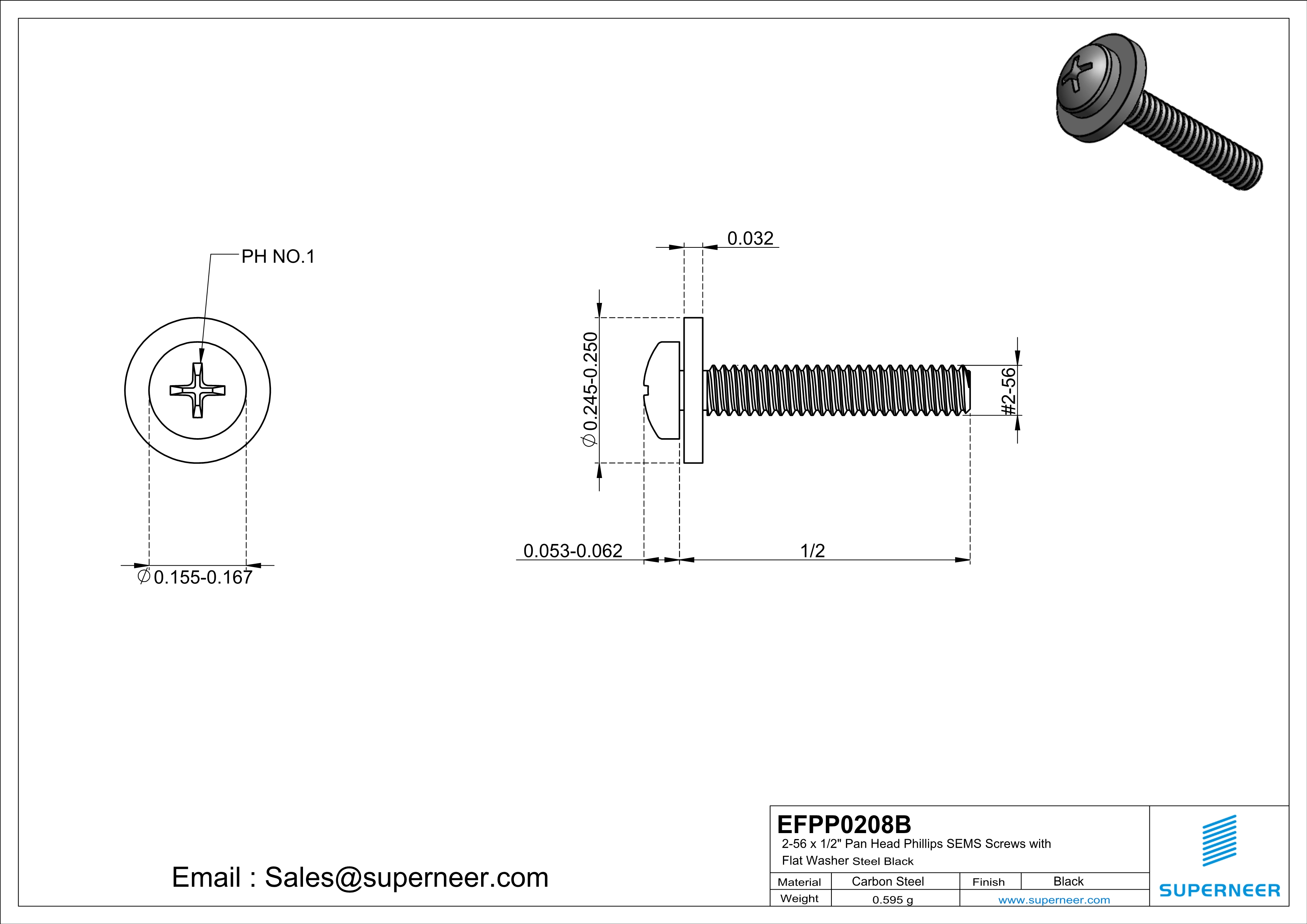 2-56 x 1/2" Pan Head Phillips SEMS Screws with Flat Washer Steel Black