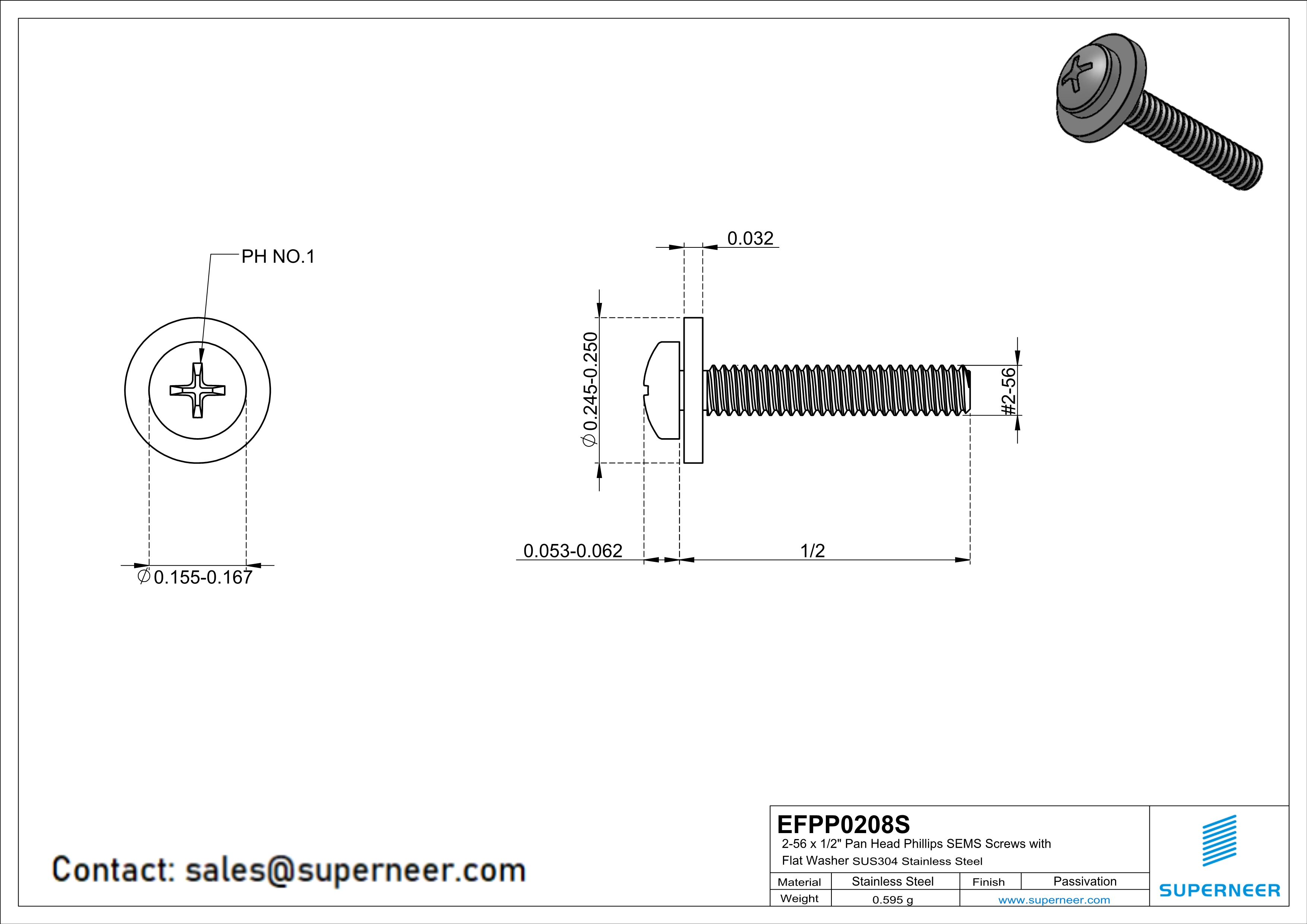 2-56 x 1/2" Pan Head Phillips SEMS Screws with Flat Washer SUS304 Stainless Steel Inox