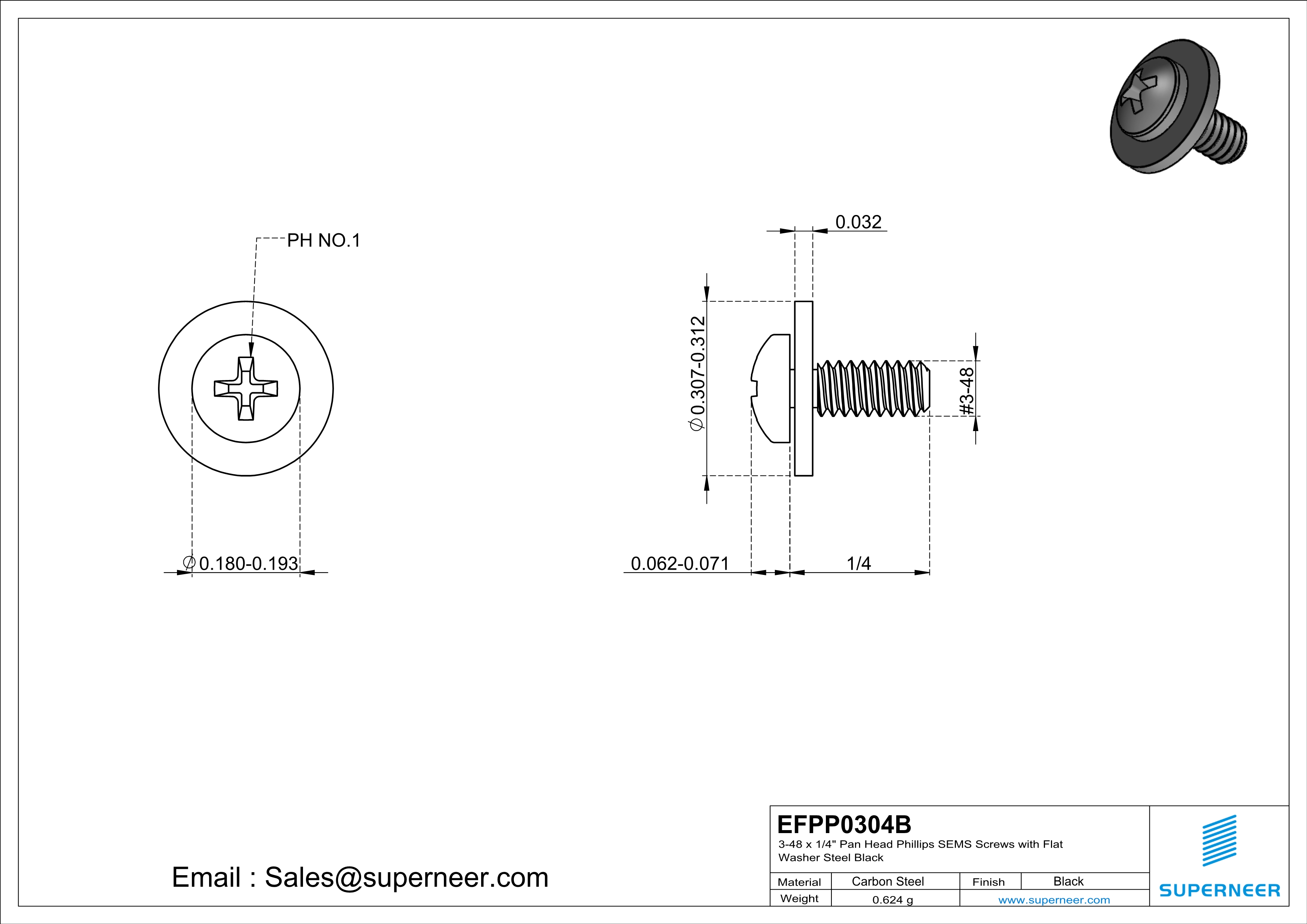 3-48 x 1/4" Pan Head Phillips SEMS Screws with Flat Washer Steel Black