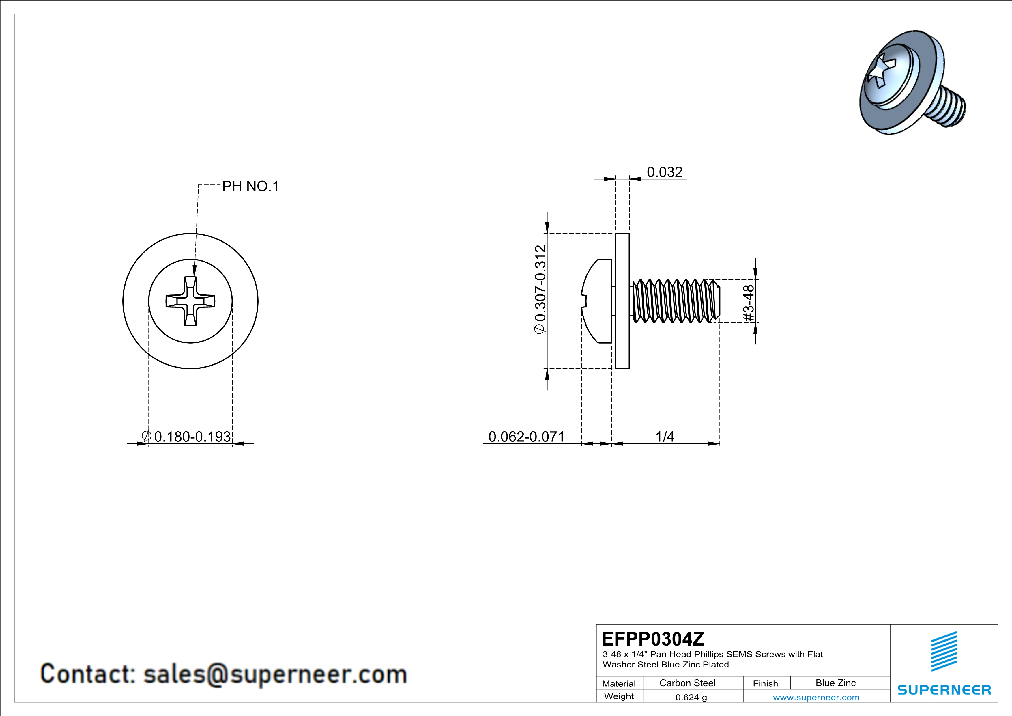 3-48 x 1/4" Pan Head Phillips SEMS Screws with Flat Washer Steel Blue Zinc Plated