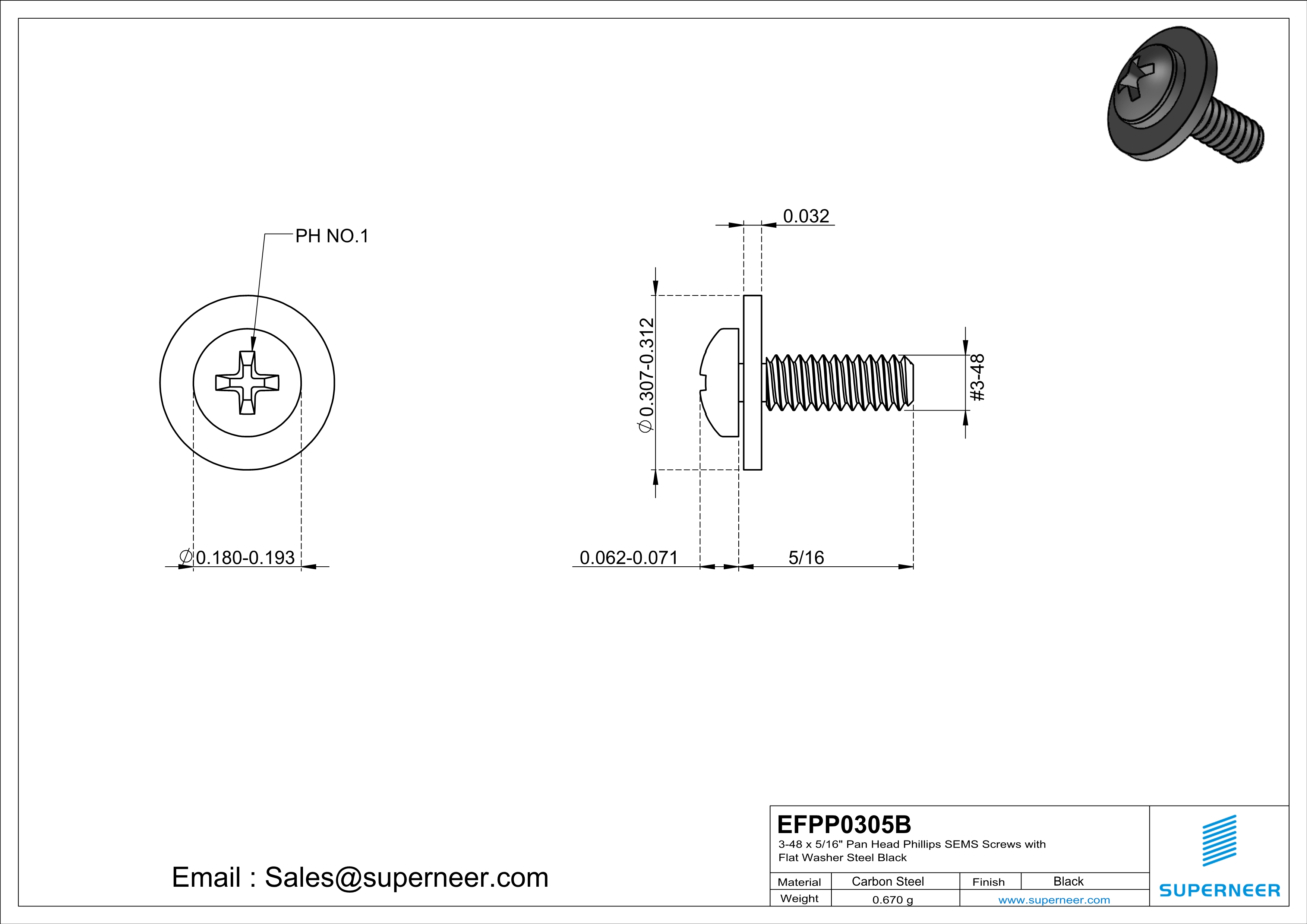 3-48 x 5/16" Pan Head Phillips SEMS Screws with Flat Washer Steel Black