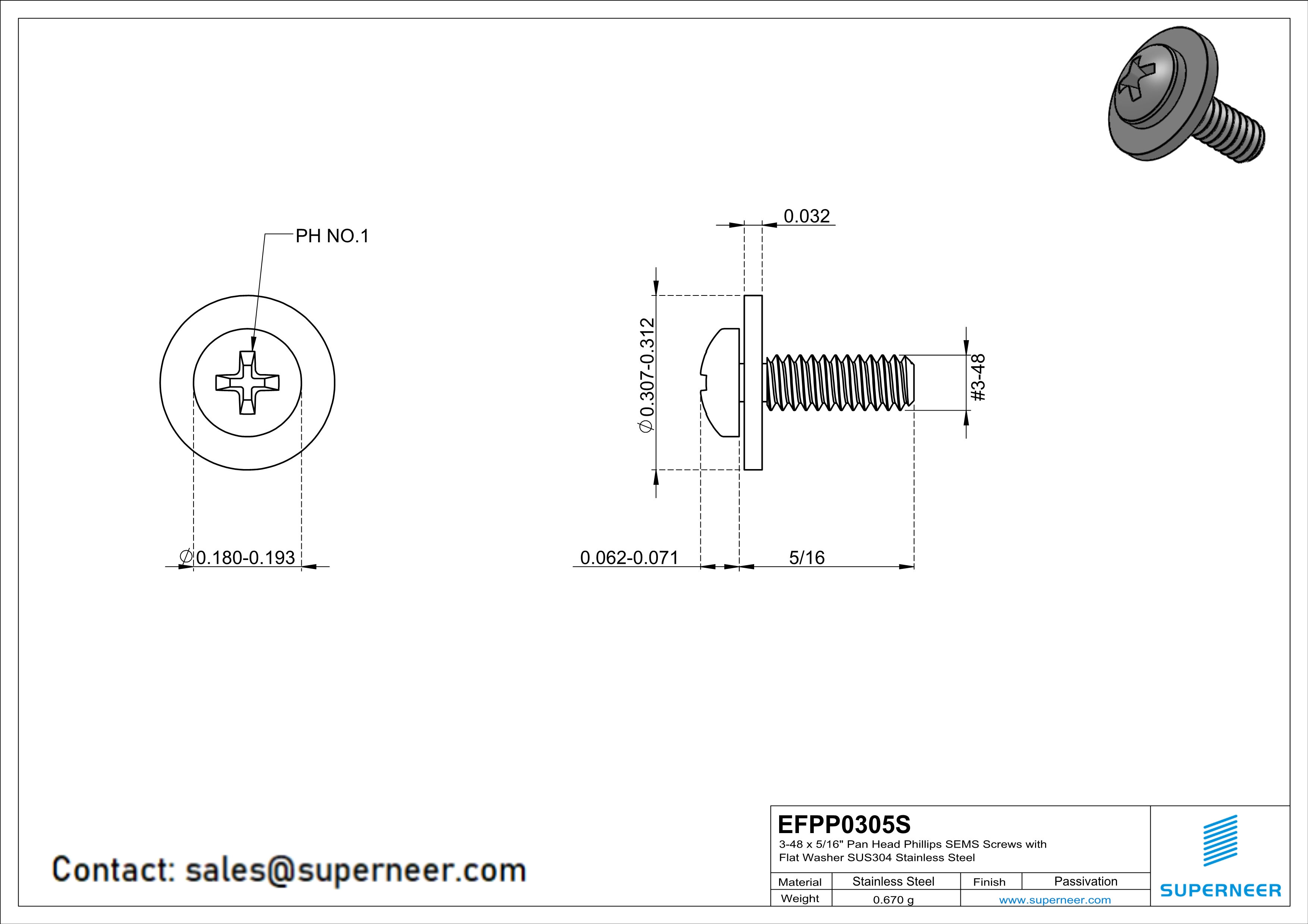 3-48 x 5/16" Pan Head Phillips SEMS Screws with Flat Washer SUS304 Stainless Steel Inox