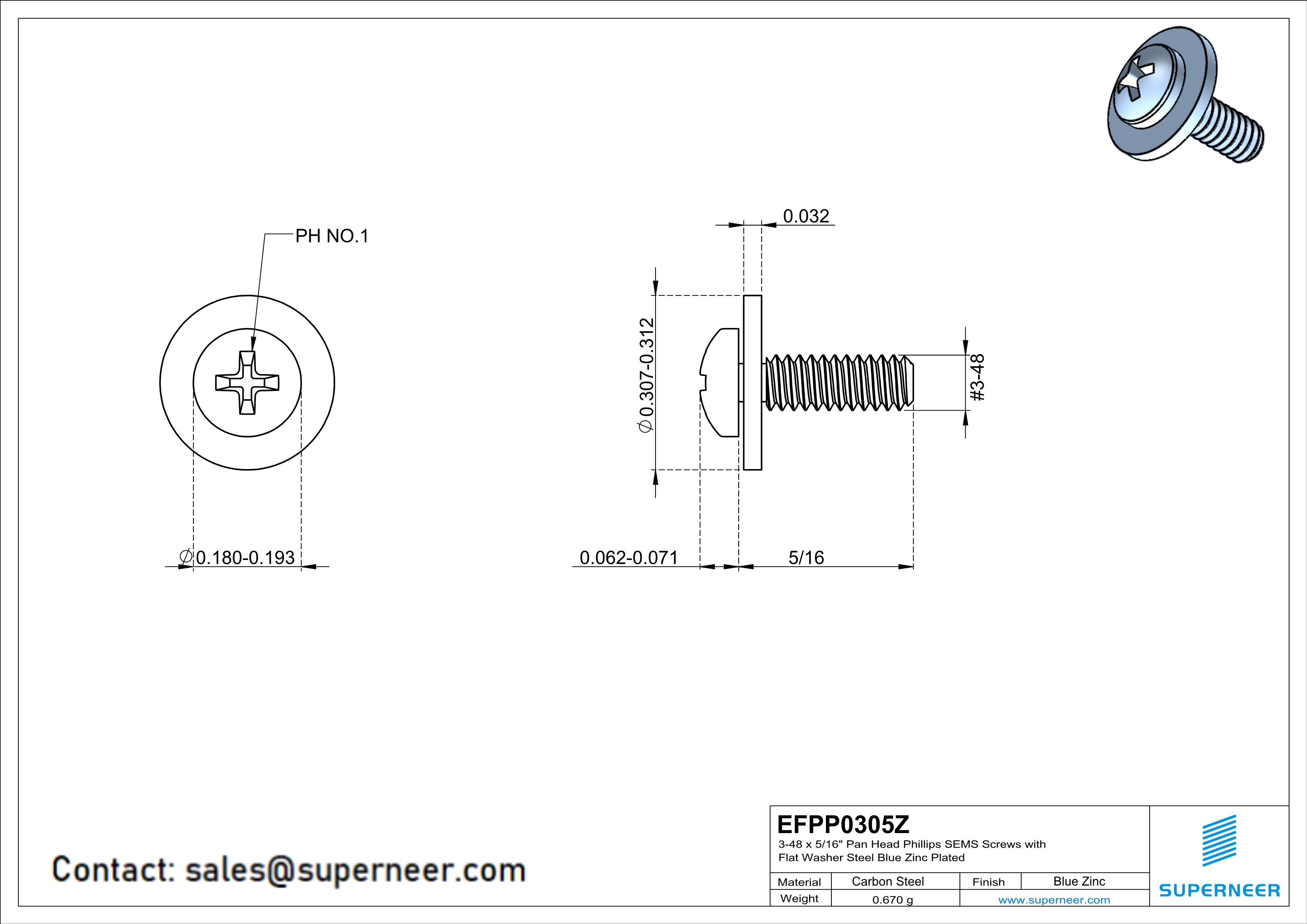 3-48 x 5/16" Pan Head Phillips SEMS Screws with Flat Washer Steel Blue Zinc Plated