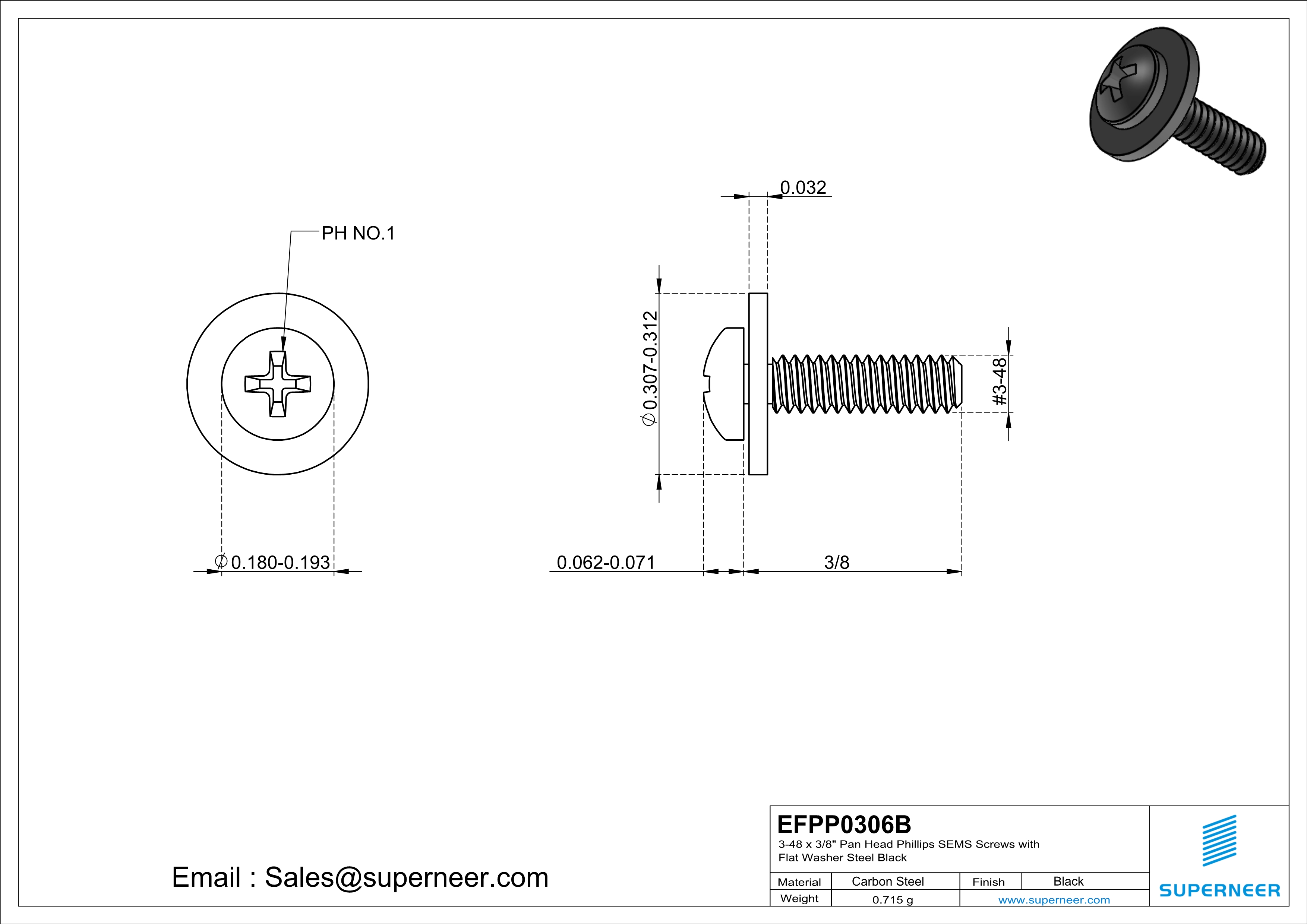 3-48 x 3/8" Pan Head Phillips SEMS Screws with Flat Washer Steel Black