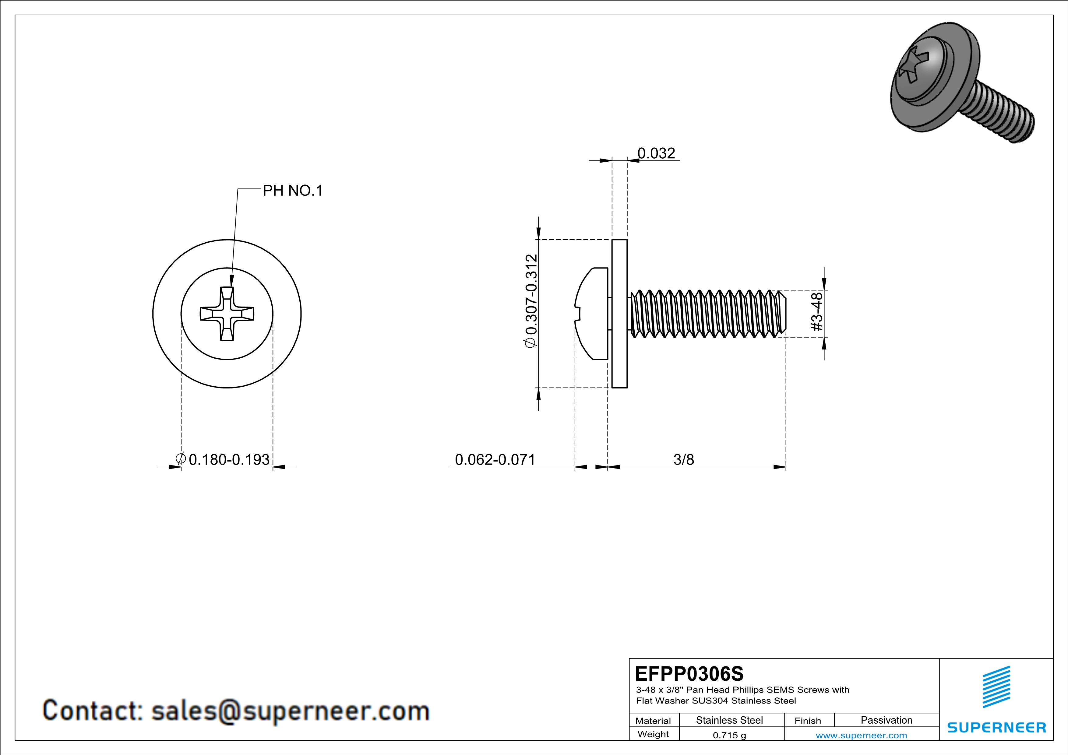 3-48 x 3/8" Pan Head Phillips SEMS Screws with Flat Washer SUS304 Stainless Steel Inox