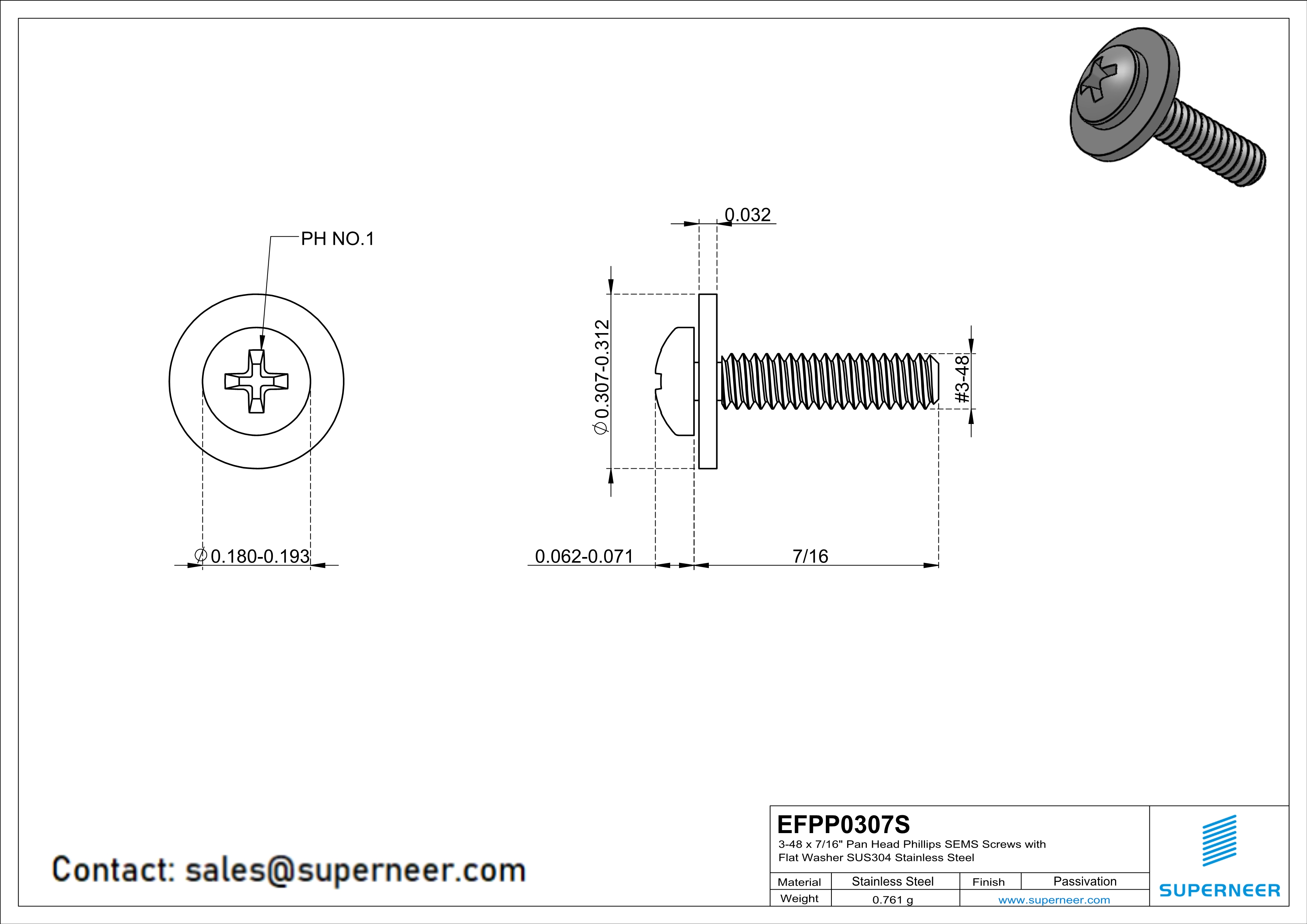 3-48 x 7/16" Pan Head Phillips SEMS Screws with Flat Washer SUS304 Stainless Steel Inox