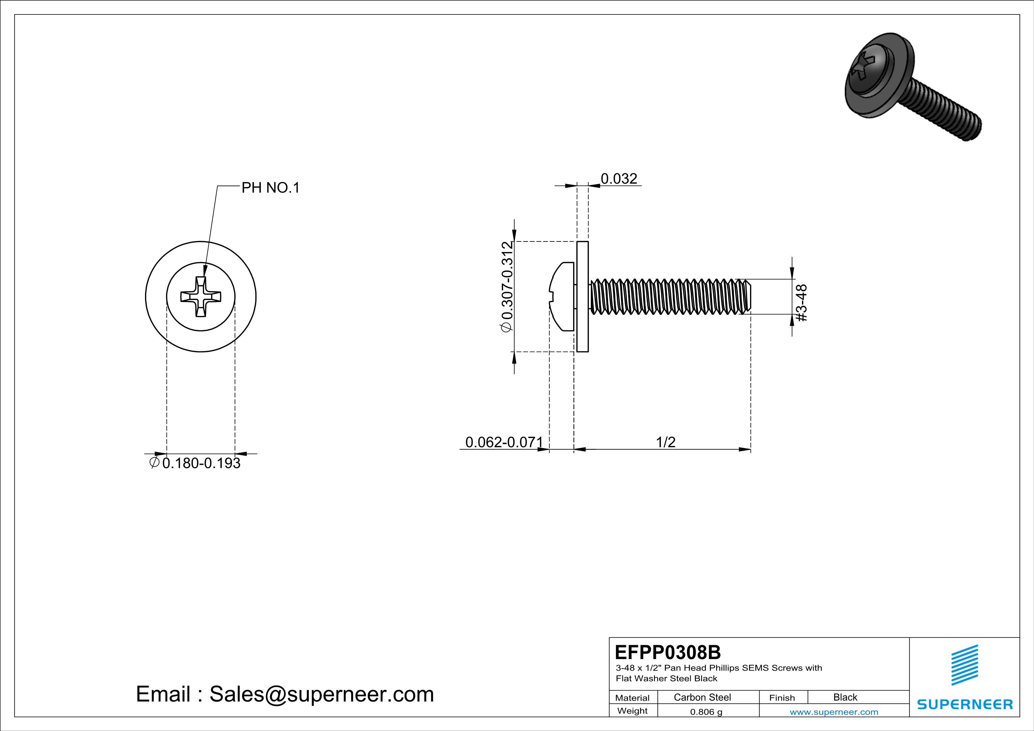 3-48 x 1/2" Pan Head Phillips SEMS Screws with Flat Washer Steel Black