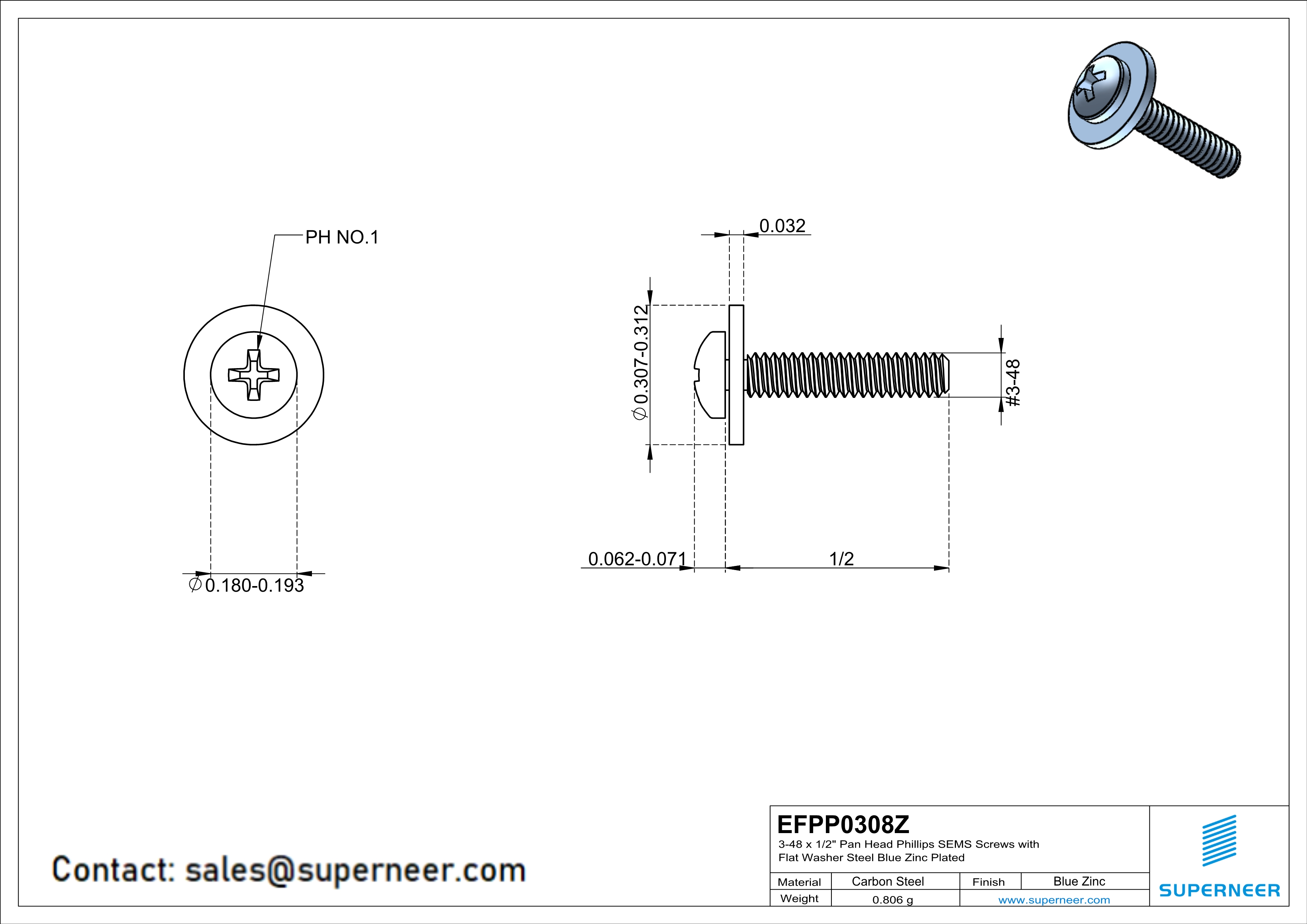 3-48 x 1/2" Pan Head Phillips SEMS Screws with Flat Washer Steel Blue Zinc Plated