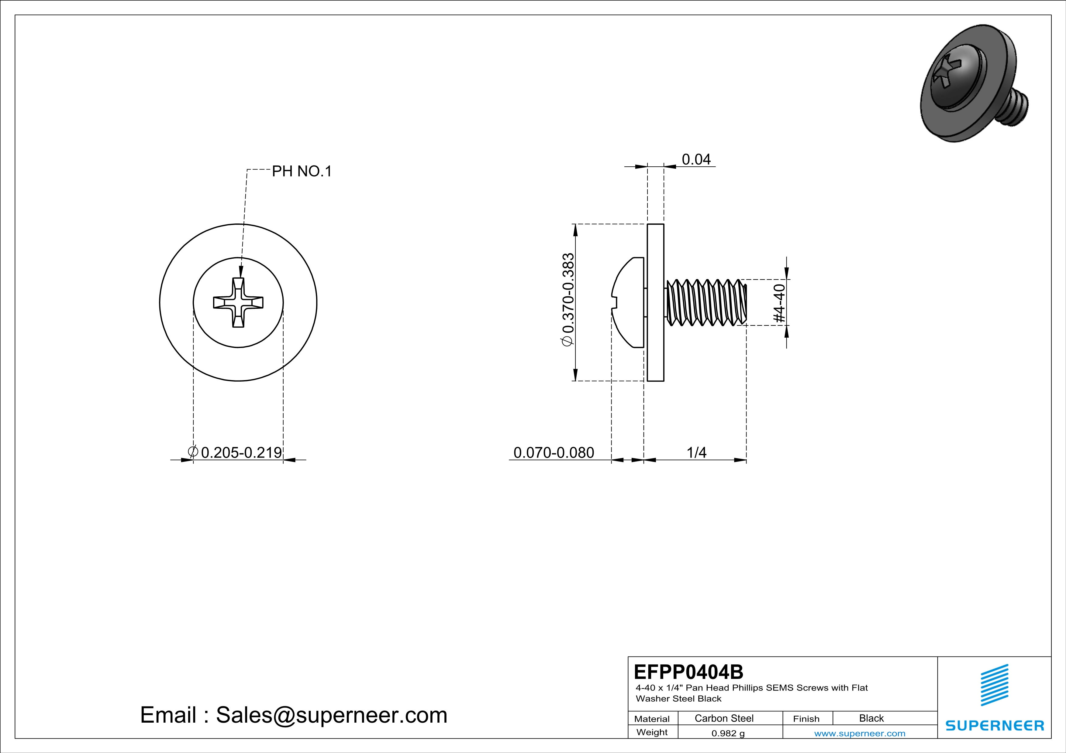 4-40 x 1/4" Pan Head Phillips SEMS Screws with Flat Washer Steel Black