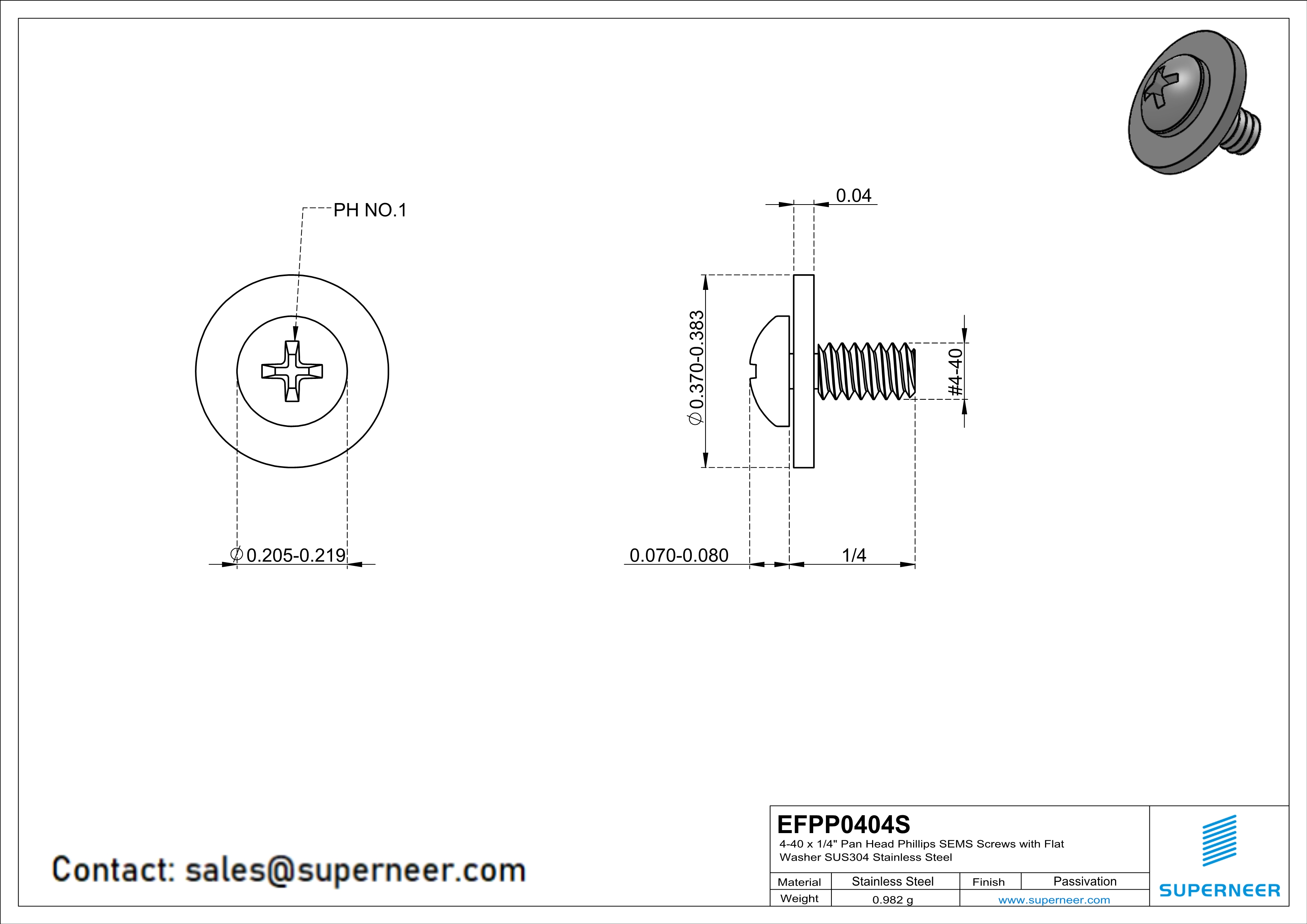 4-40 x 1/4" Pan Head Phillips SEMS Screws with Flat Washer SUS304 Stainless Steel Inox