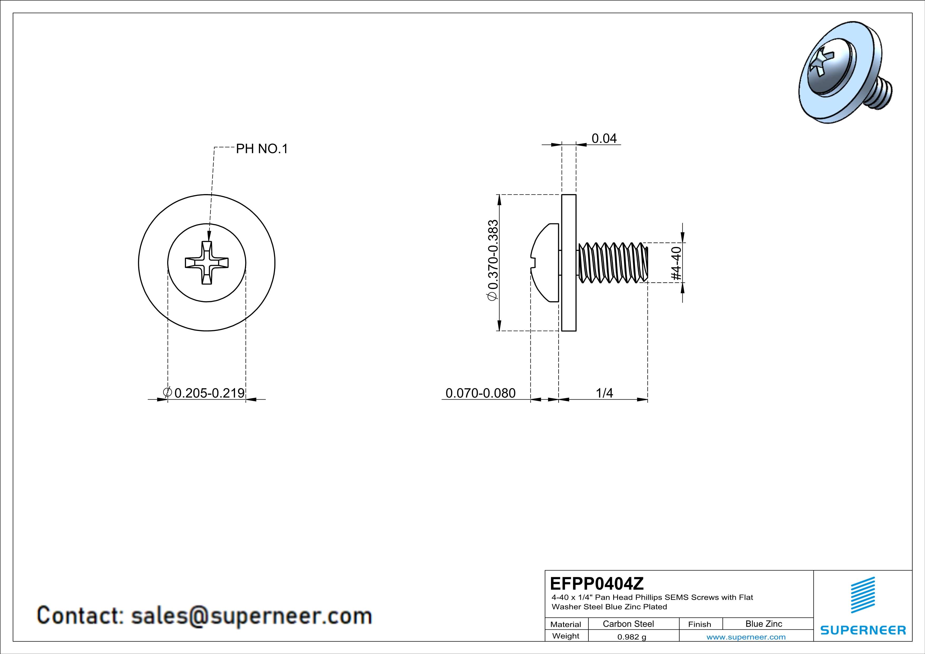4-40 x 1/4" Pan Head Phillips SEMS Screws with Flat Washer Steel Blue Zinc Plated