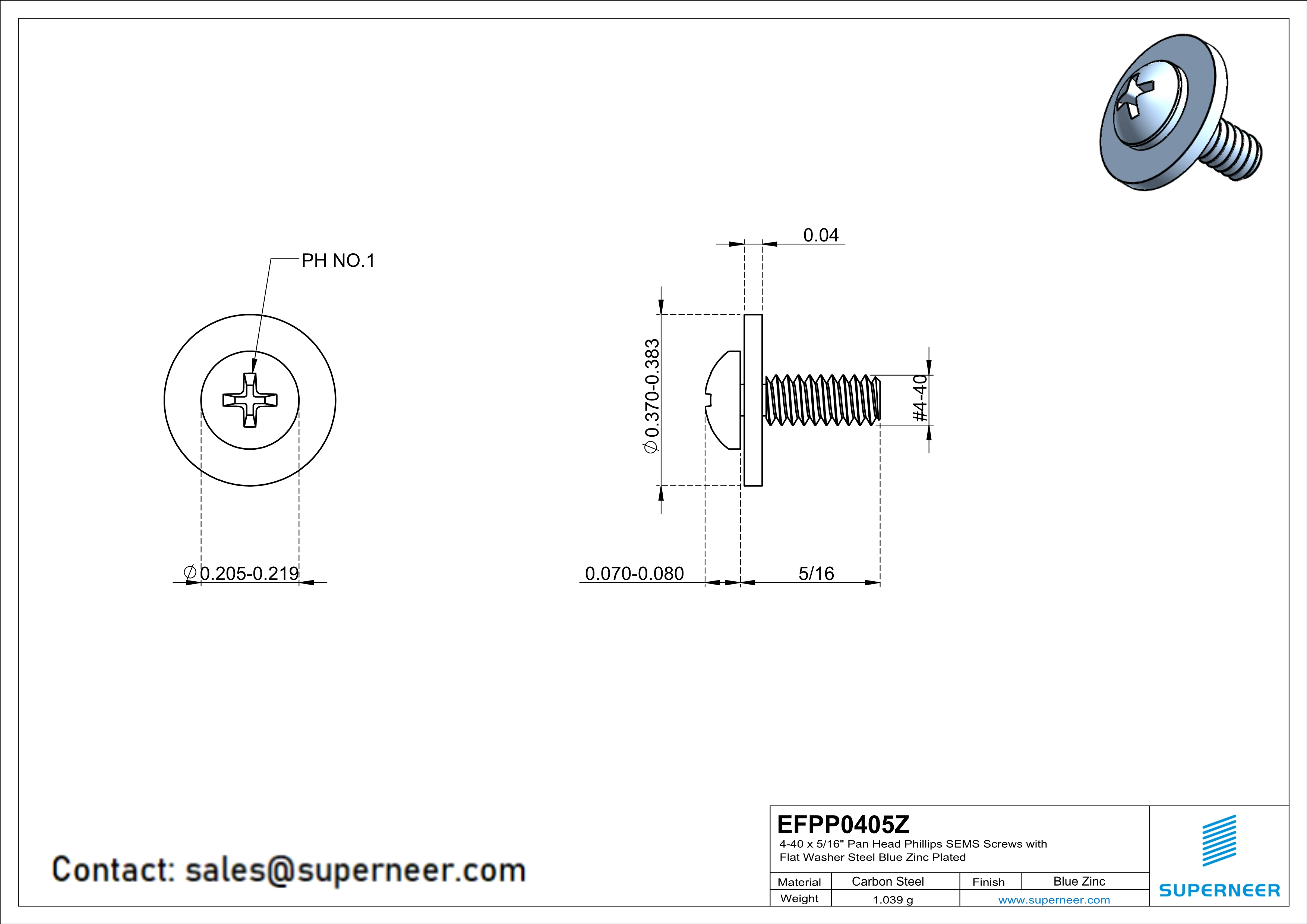 4-40 x 5/16" Pan Head Phillips SEMS Screws with Flat Washer Steel Blue Zinc Plated