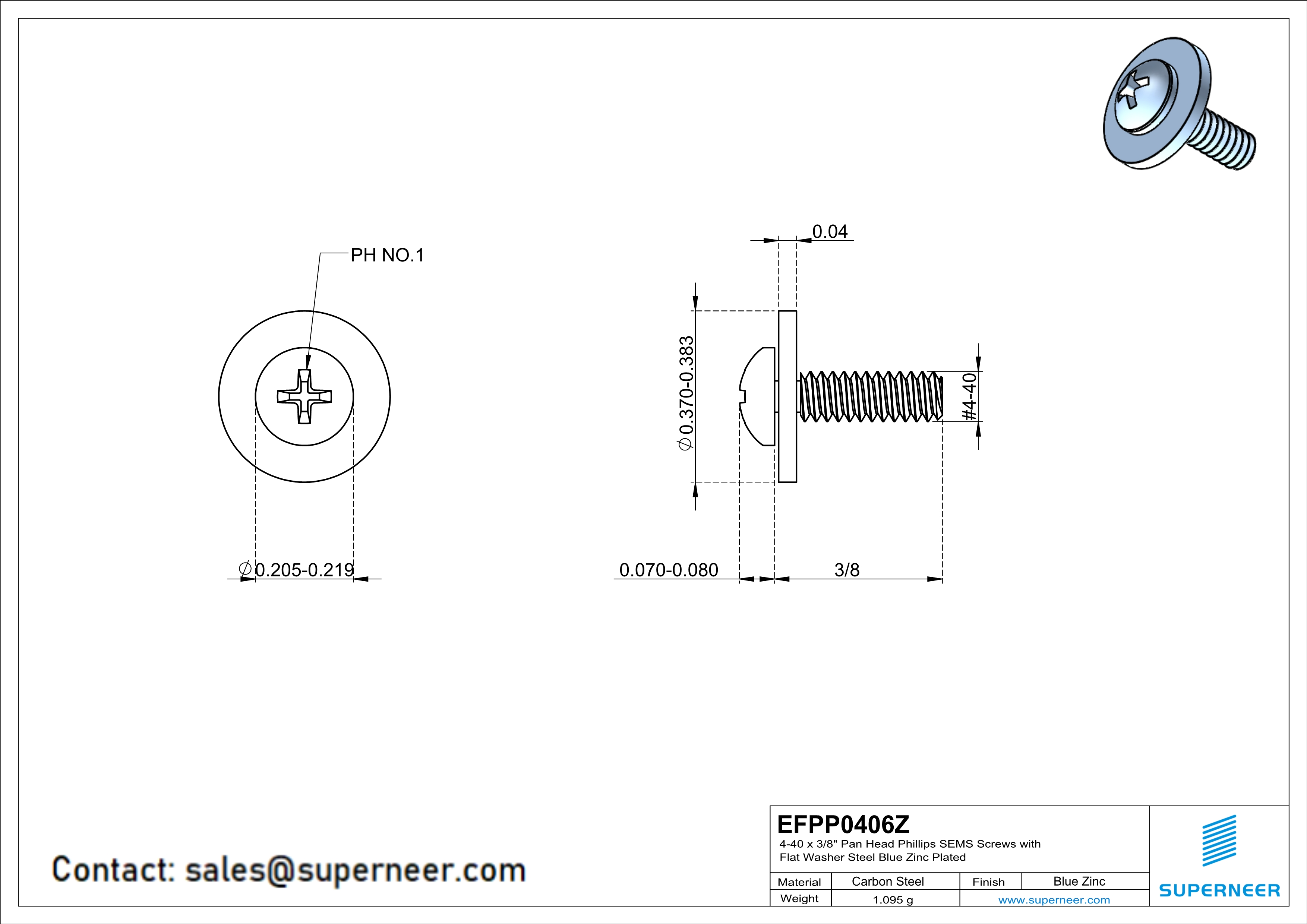 4-40 x 3/8" Pan Head Phillips SEMS Screws with Flat Washer Steel Blue Zinc Plated
