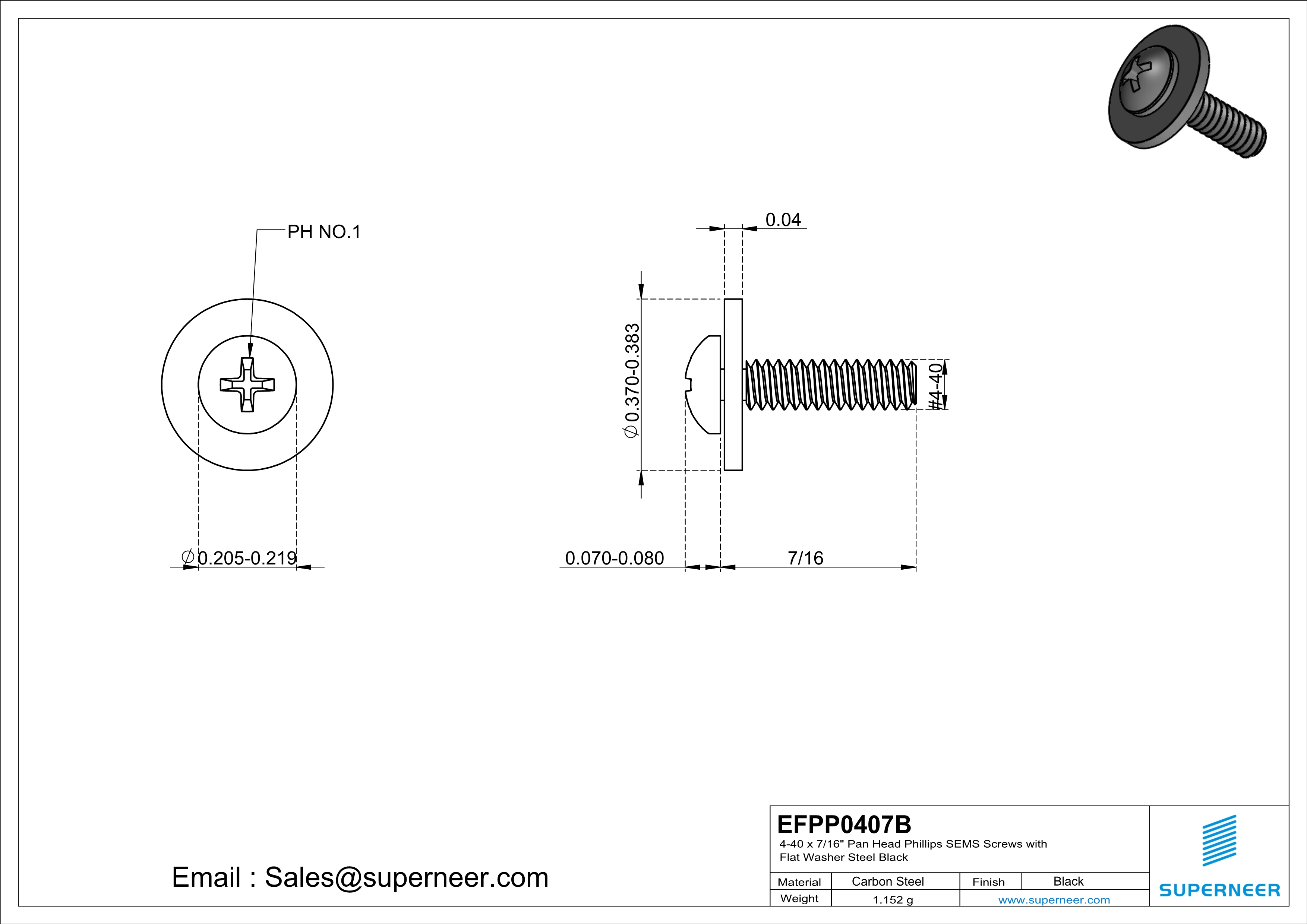 4-40 x 7/16" Pan Head Phillips SEMS Screws with Flat Washer Steel Black