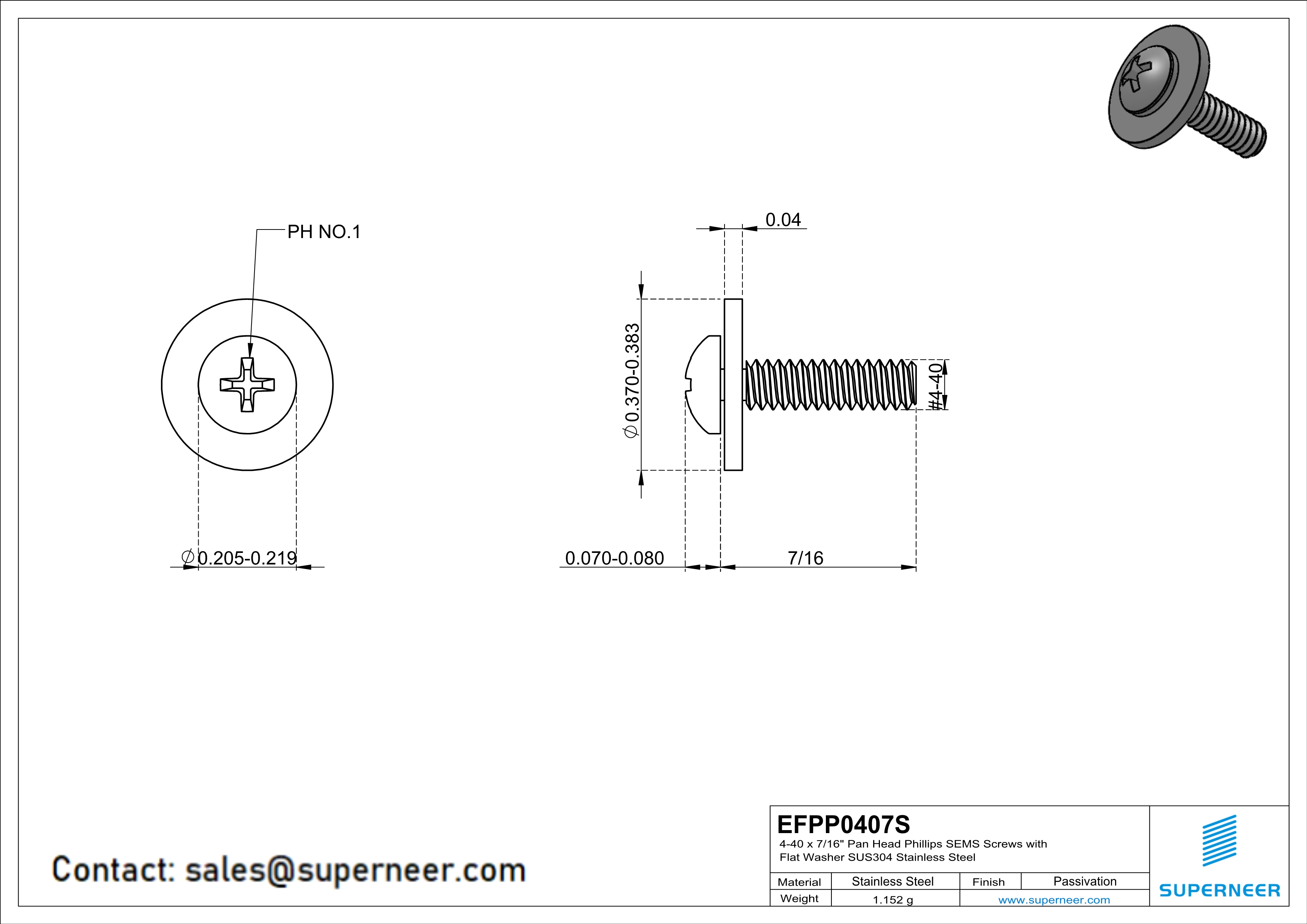 4-40 x 7/16" Pan Head Phillips SEMS Screws with Flat Washer SUS304 Stainless Steel Inox