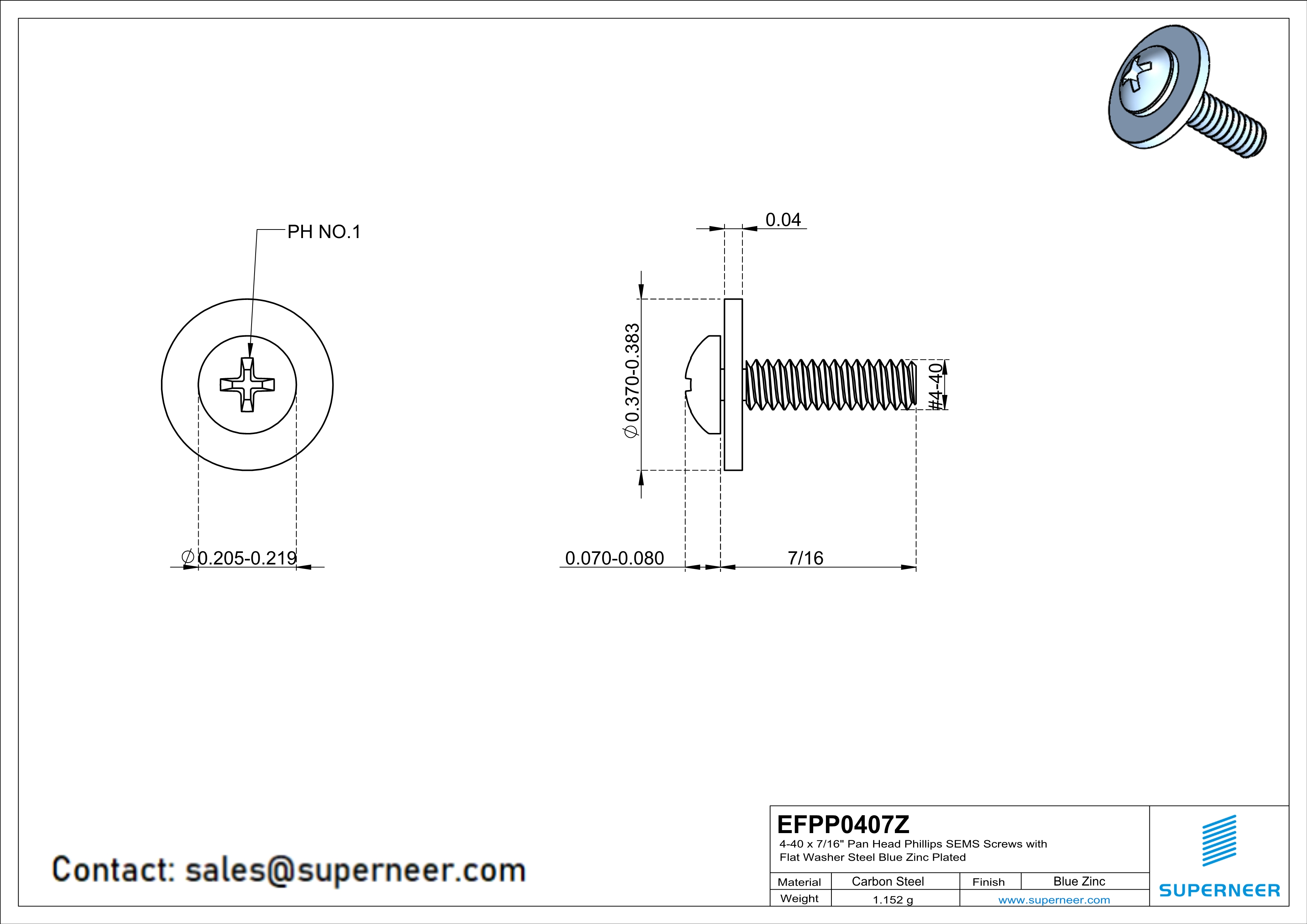 4-40 x 7/16" Pan Head Phillips SEMS Screws with Flat Washer Steel Blue Zinc Plated
