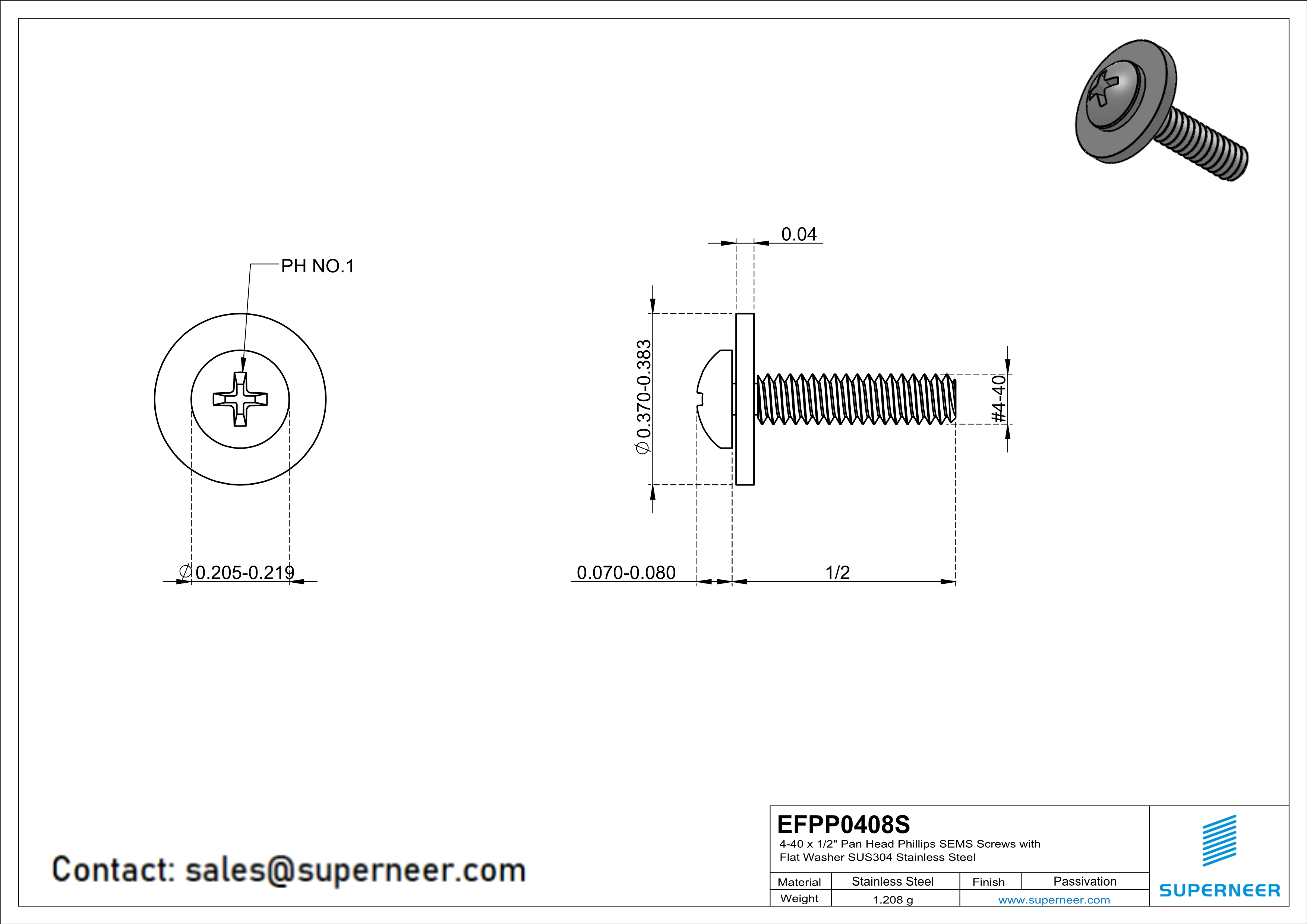 4-40 x 1/2" Pan Head Phillips SEMS Screws with Flat Washer SUS304 Stainless Steel Inox