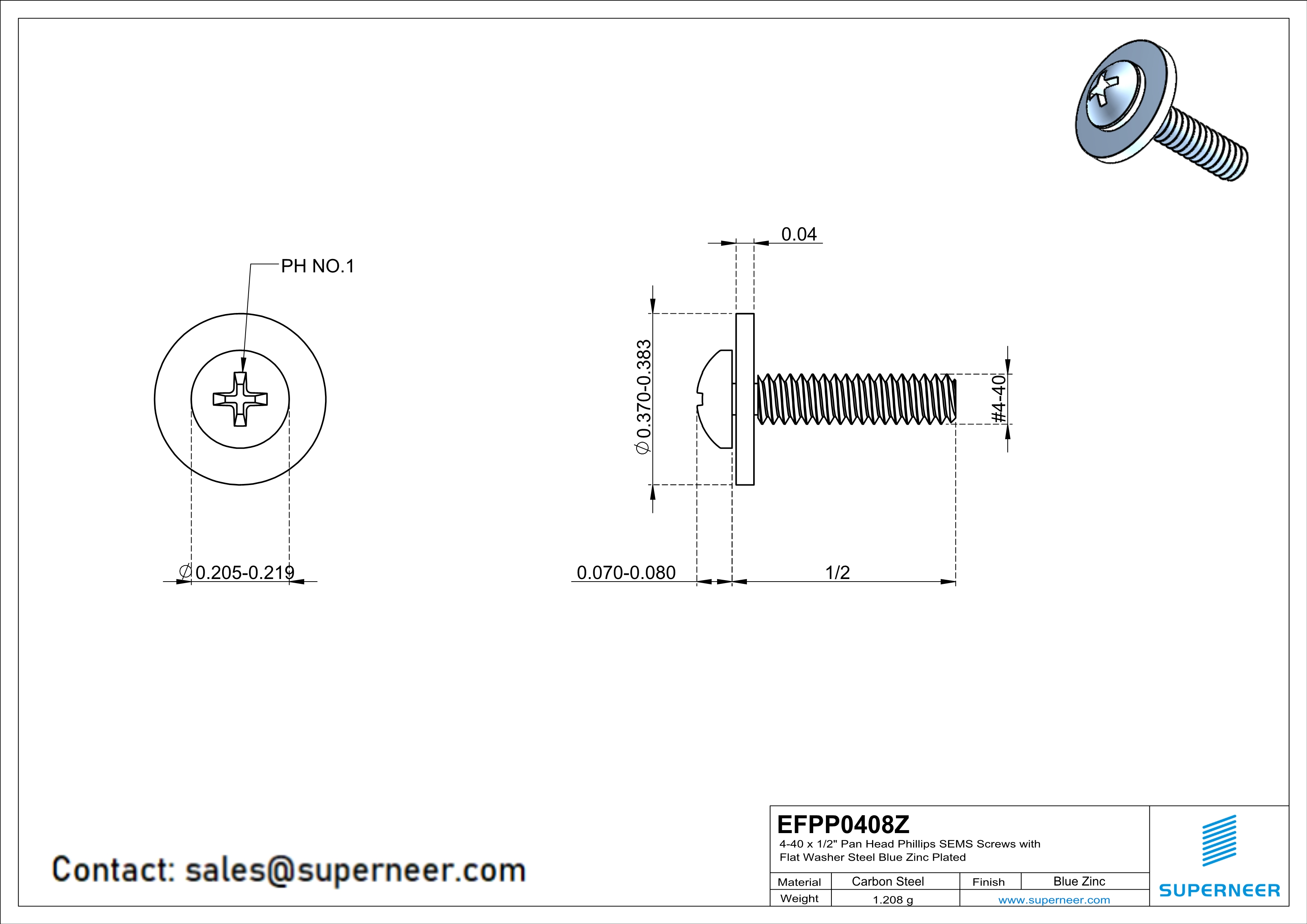 4-40 x 1/2" Pan Head Phillips SEMS Screws with Flat Washer Steel Blue Zinc Plated