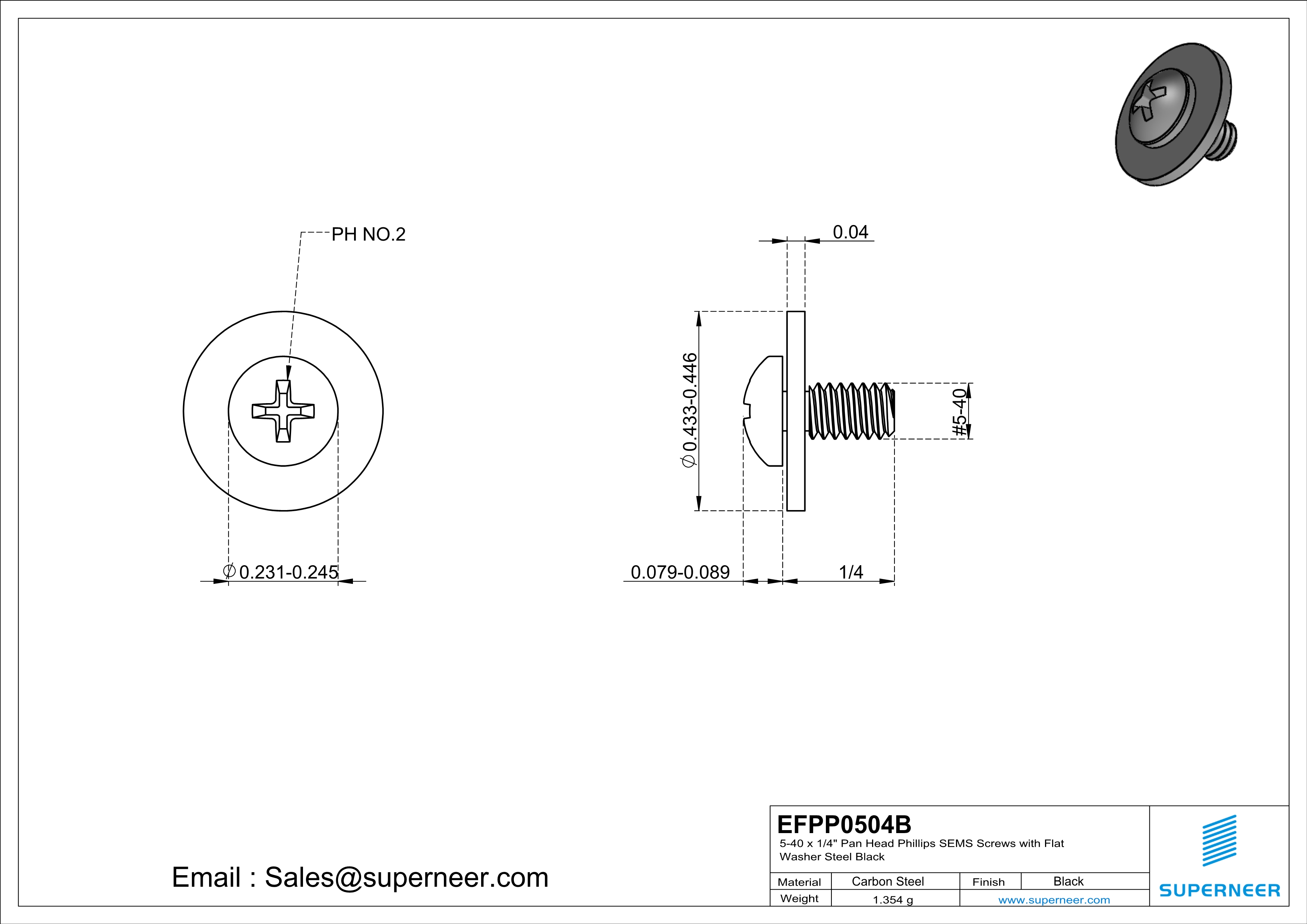 5-40 x 1/4" Pan Head Phillips SEMS Screws with Flat Washer Steel Black