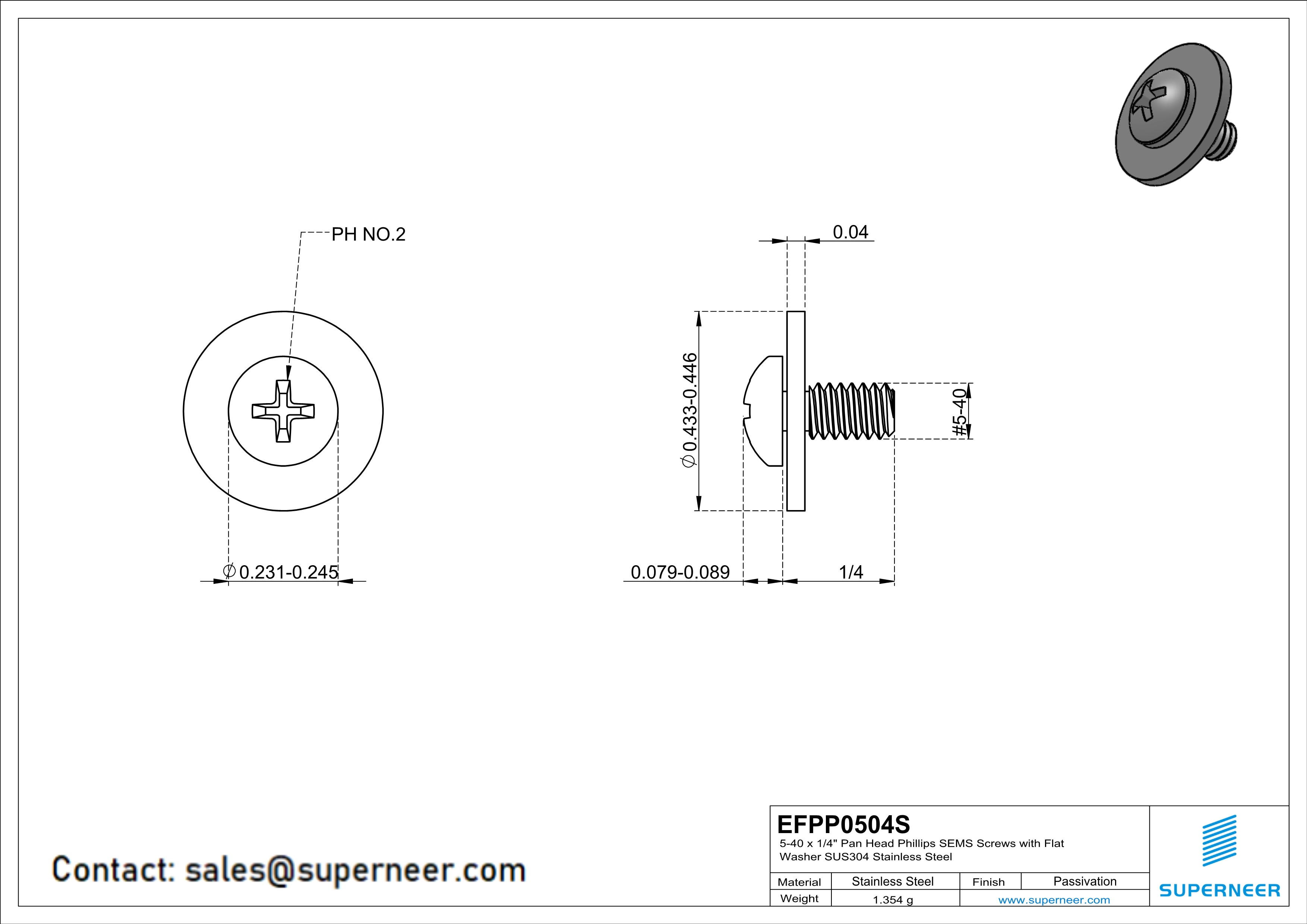 5-40 x 1/4" Pan Head Phillips SEMS Screws with Flat Washer SUS304 Stainless Steel Inox