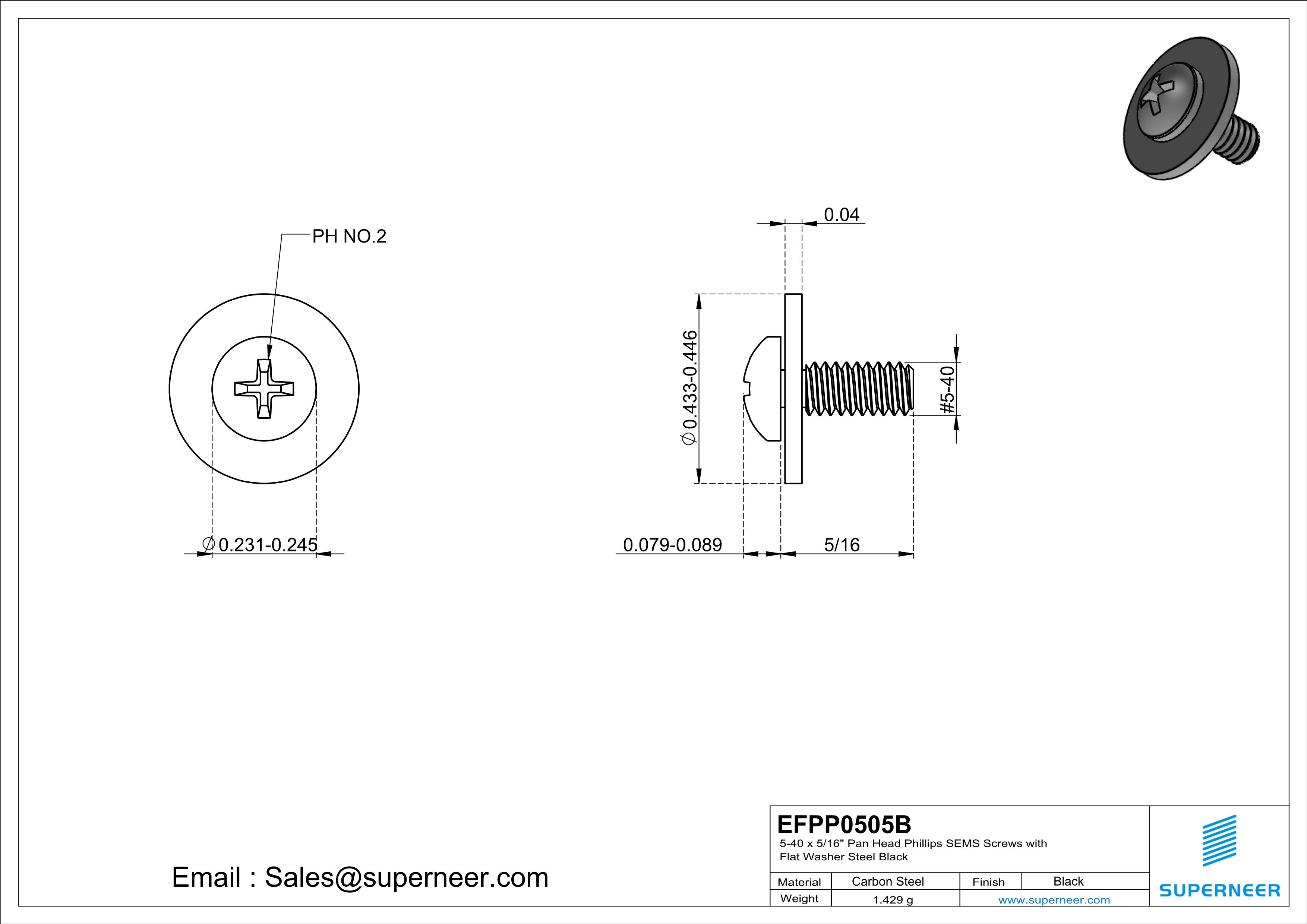 5-40 x 5/16" Pan Head Phillips SEMS Screws with Flat Washer Steel Black