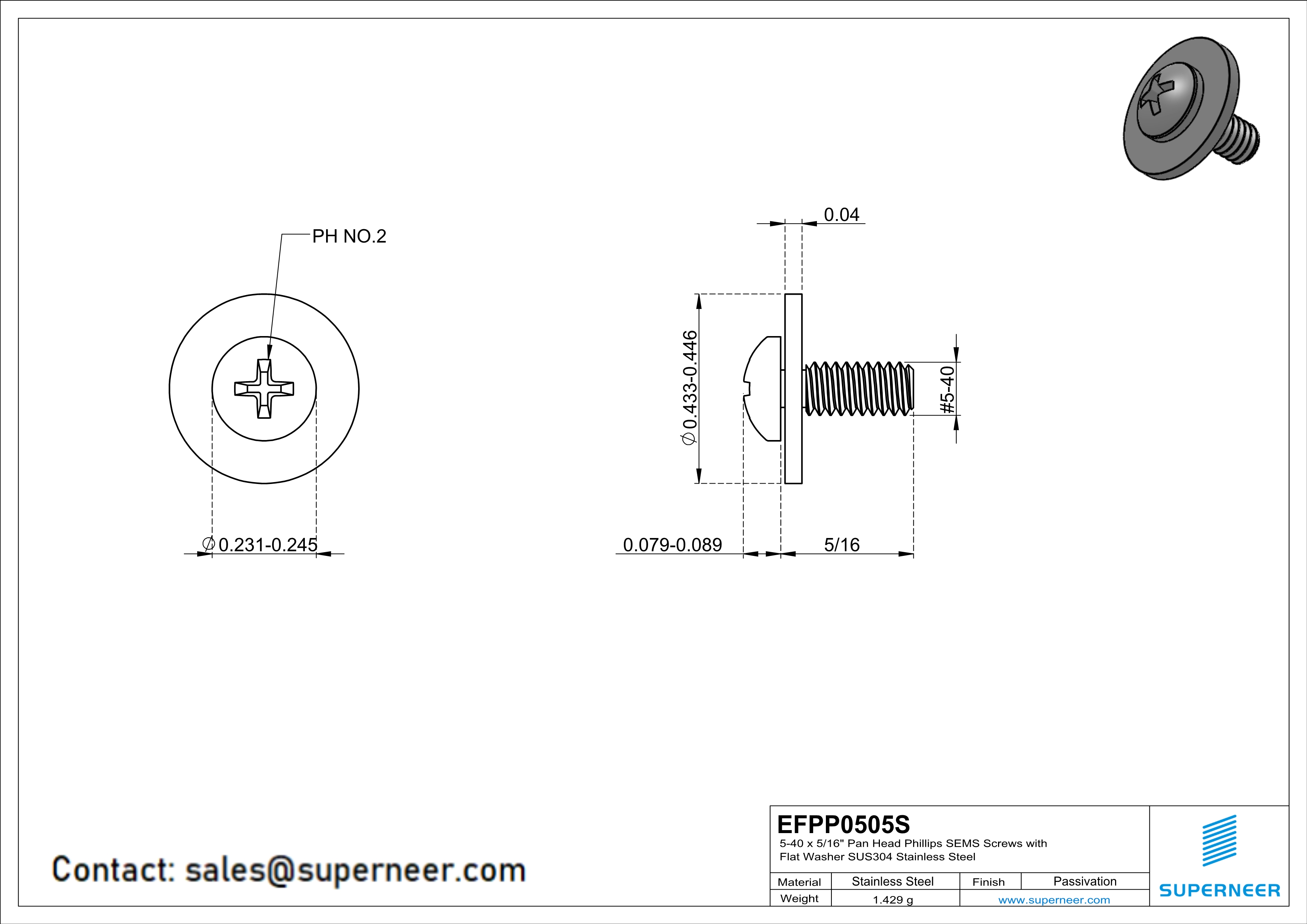 5-40 x 5/16" Pan Head Phillips SEMS Screws with Flat Washer SUS304 Stainless Steel Inox