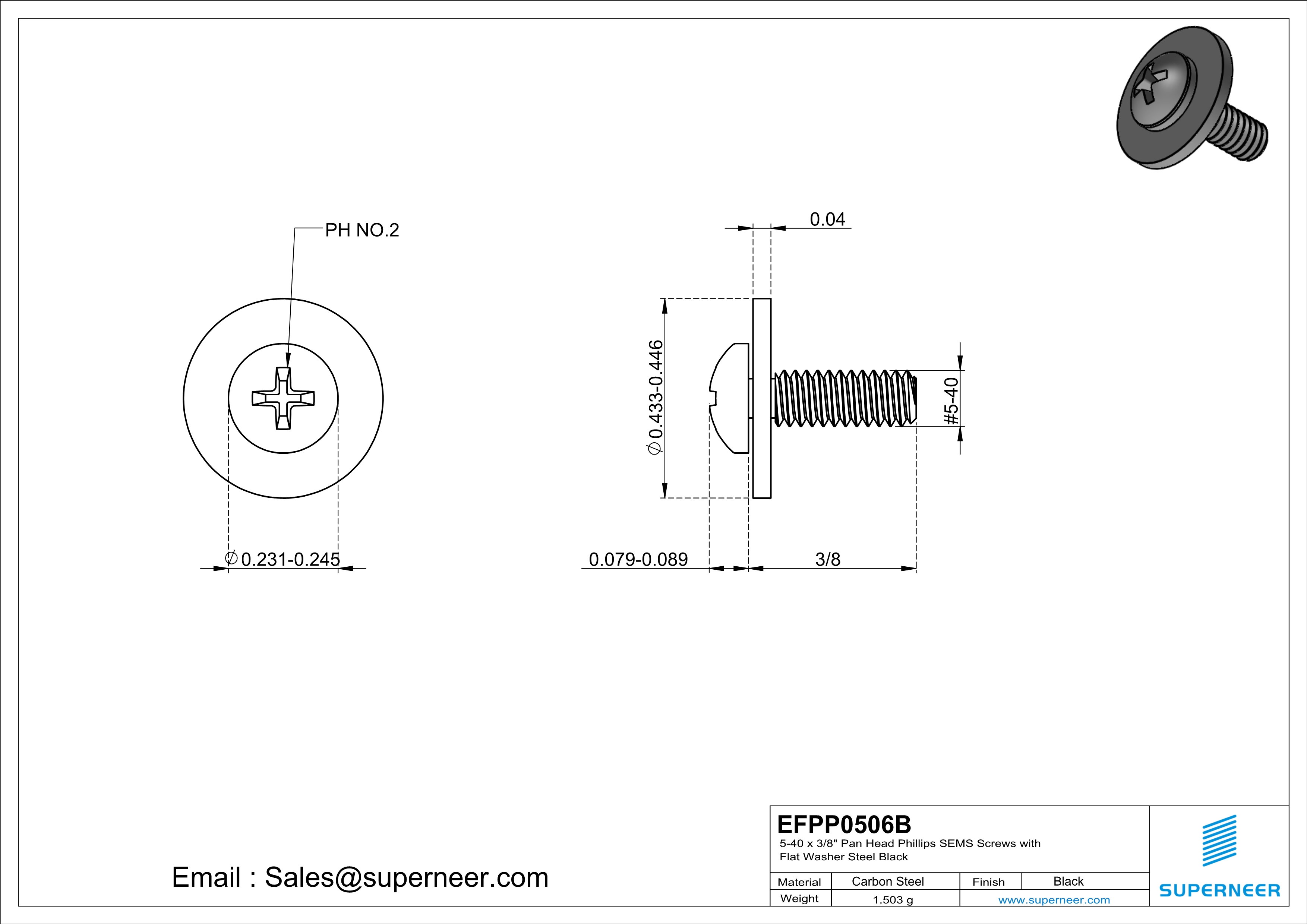 5-40 x 3/8" Pan Head Phillips SEMS Screws with Flat Washer Steel Black