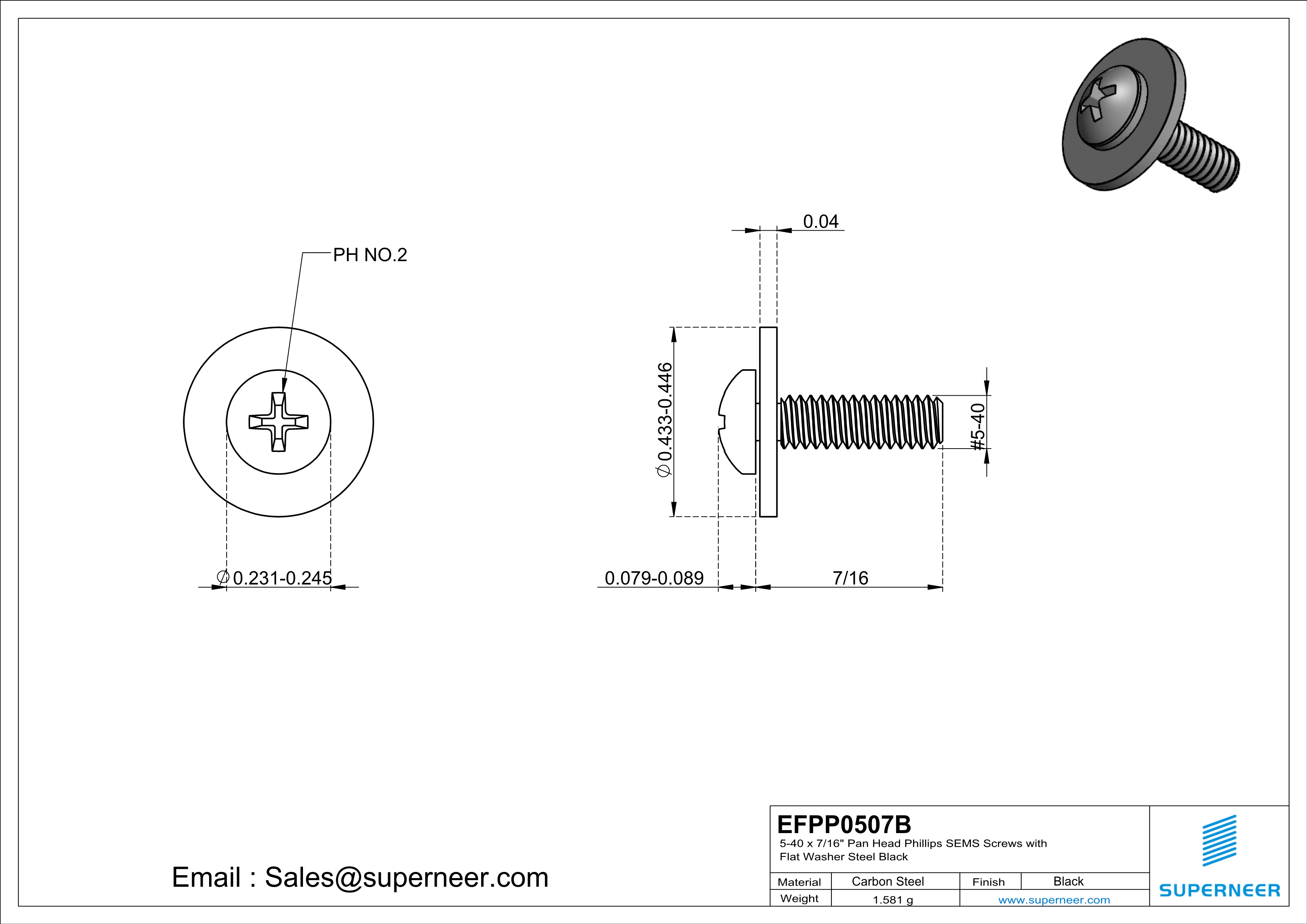 5-40 x 7/16" Pan Head Phillips SEMS Screws with Flat Washer Steel Black