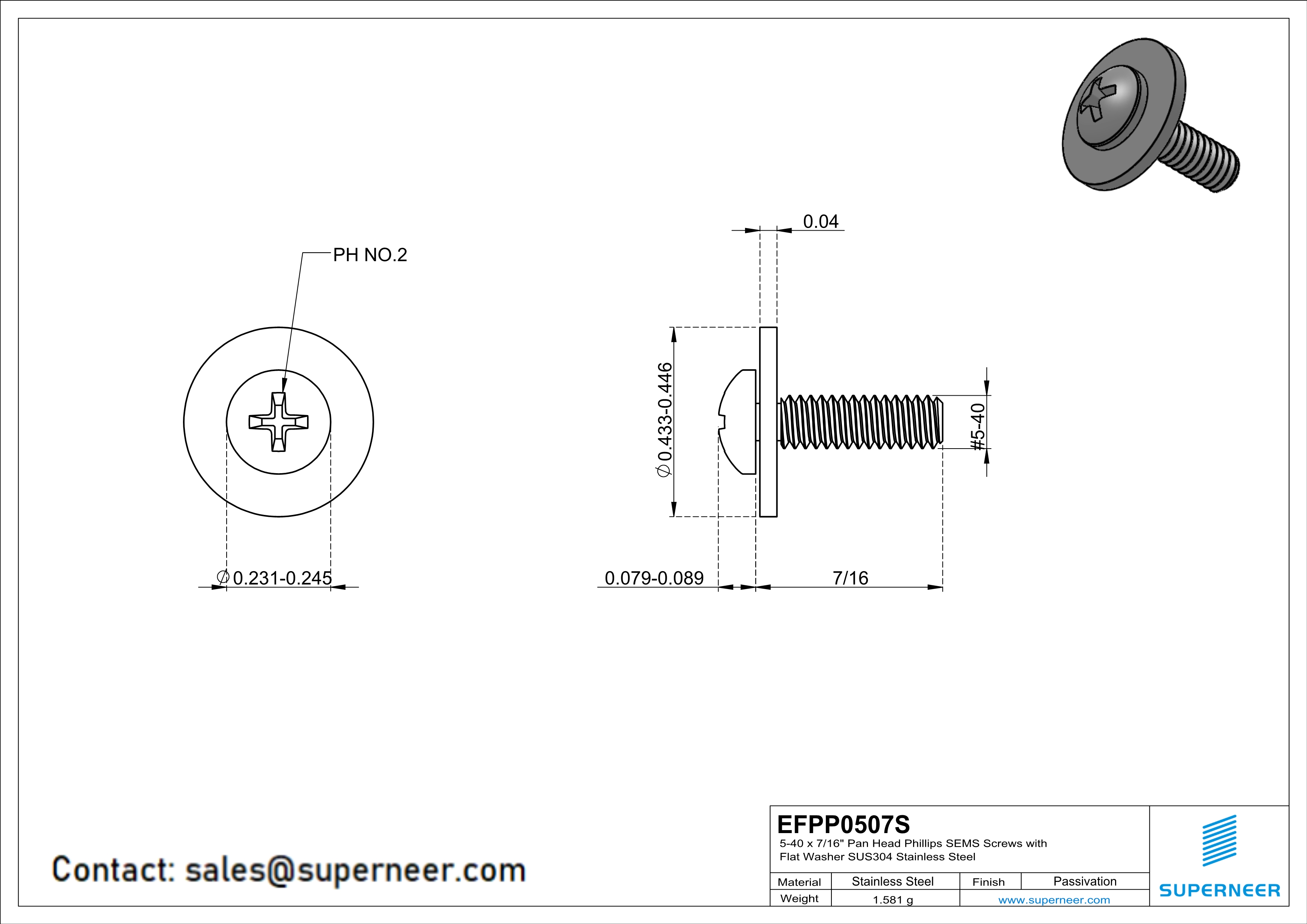 5-40 x 7/16" Pan Head Phillips SEMS Screws with Flat Washer SUS304 Stainless Steel Inox