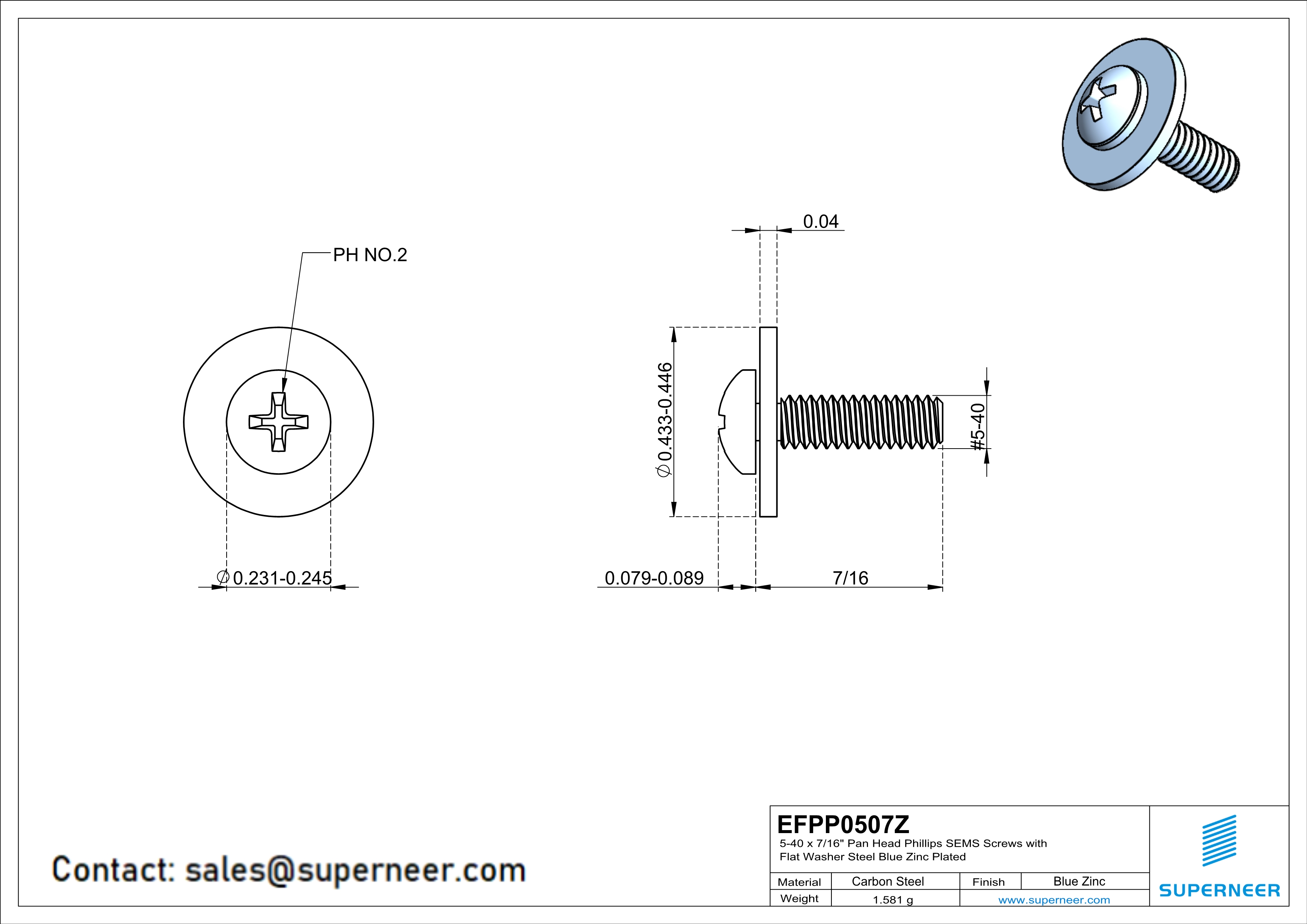 5-40 x 7/16" Pan Head Phillips SEMS Screws with Flat Washer Steel Blue Zinc Plated