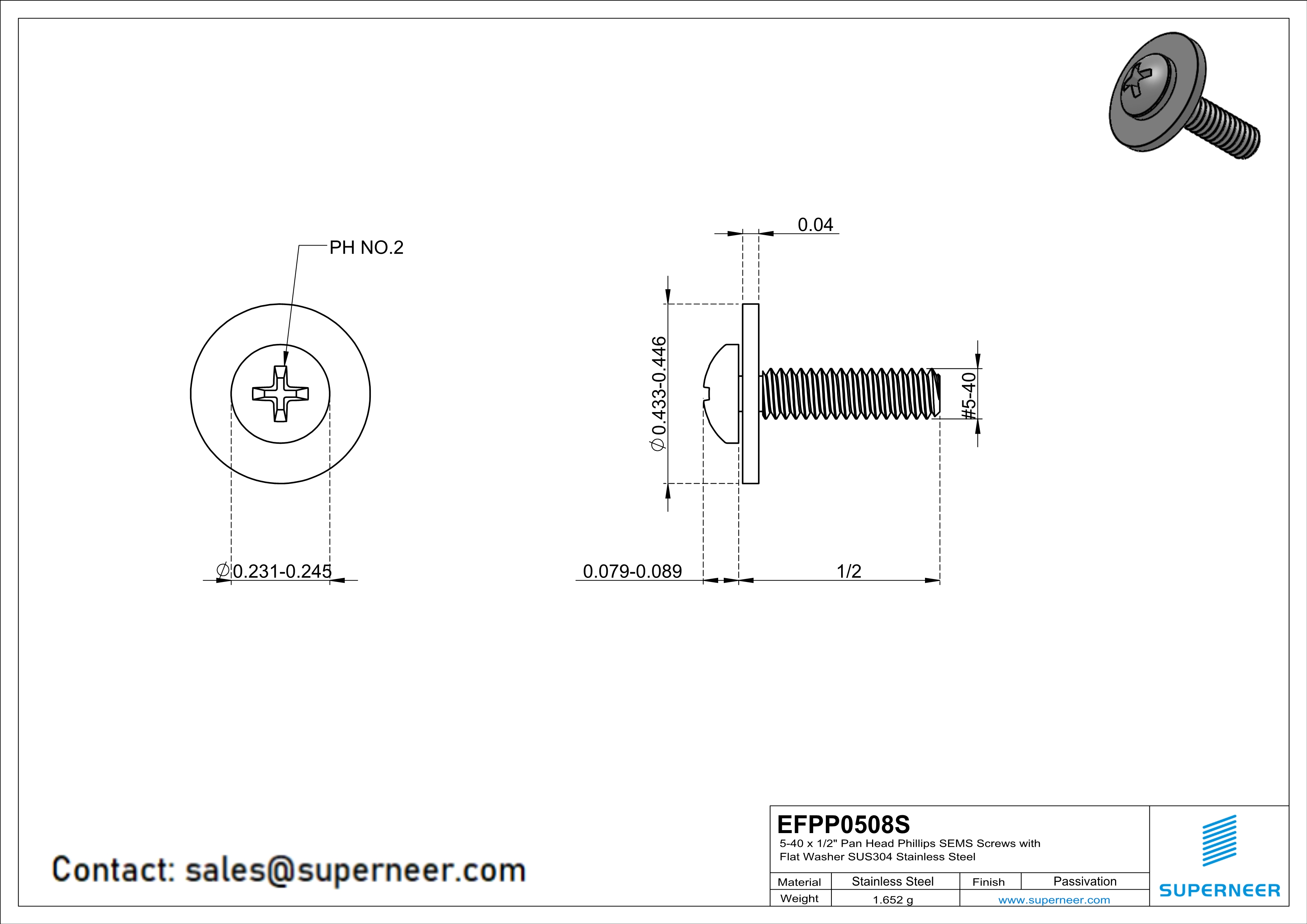 5-40 x 1/2" Pan Head Phillips SEMS Screws with Flat Washer SUS304 Stainless Steel Inox