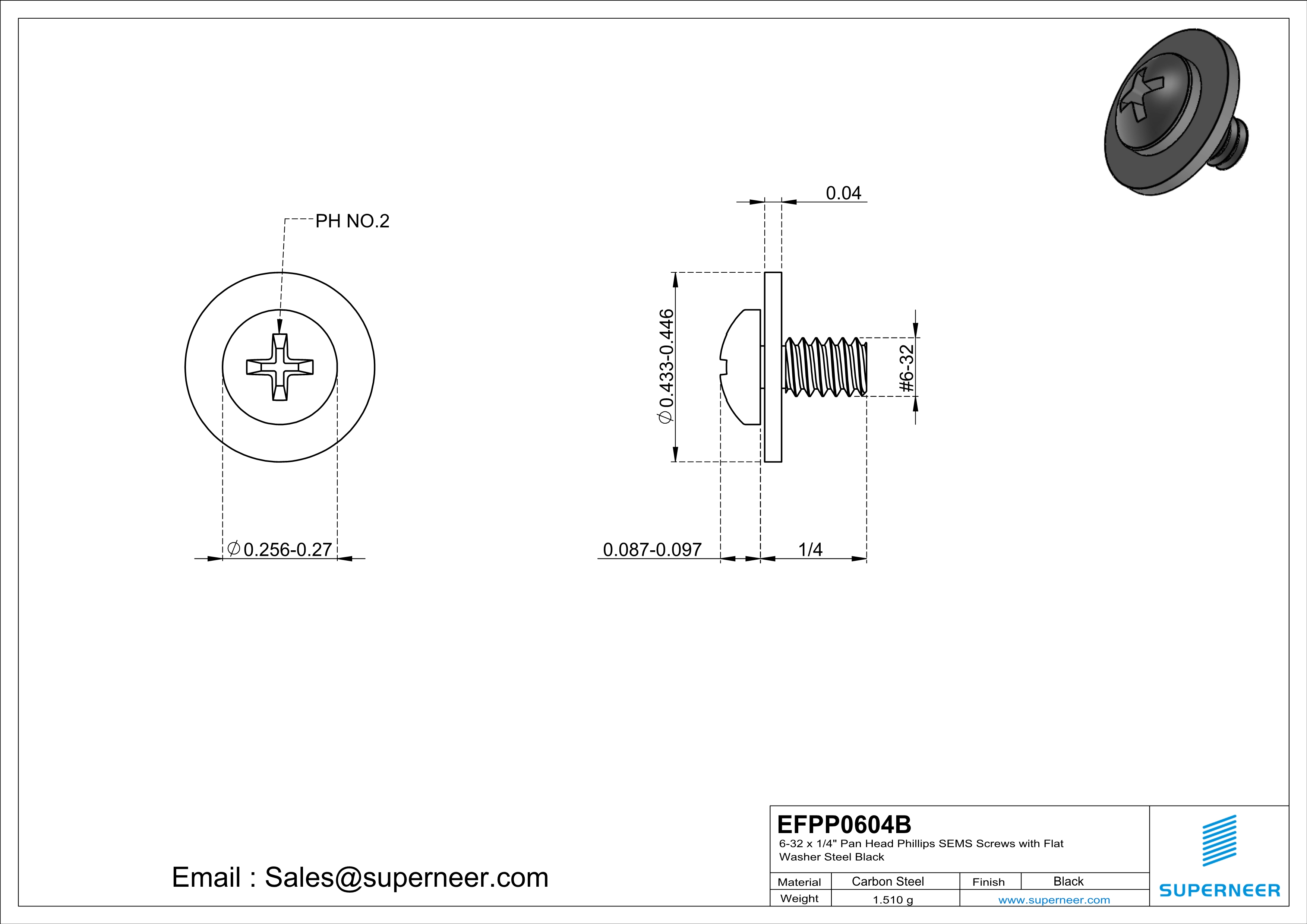 6-32 x 1/4" Pan Head Phillips SEMS Screws with Flat Washer Steel Black