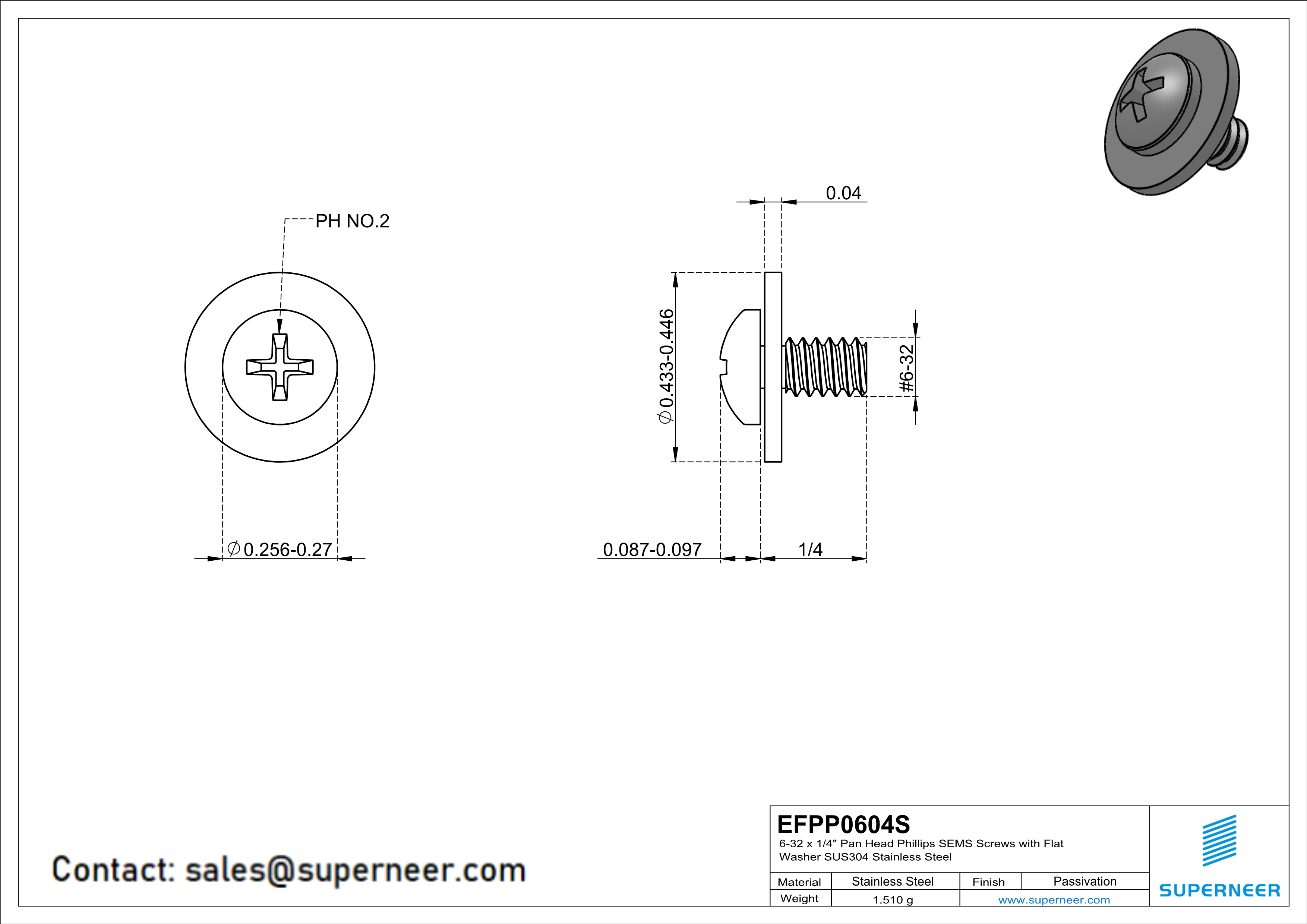 6-32 x 1/4" Pan Head Phillips SEMS Screws with Flat Washer SUS304 Stainless Steel Inox