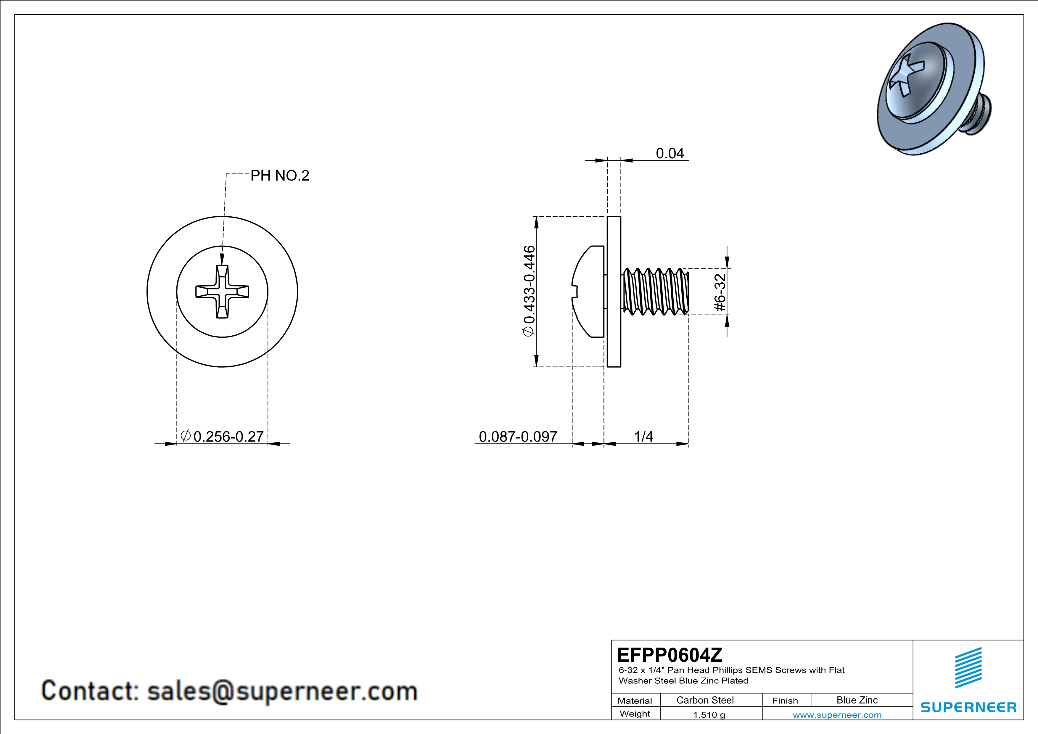 6-32 x 1/4" Pan Head Phillips SEMS Screws with Flat Washer Steel Blue Zinc Plated